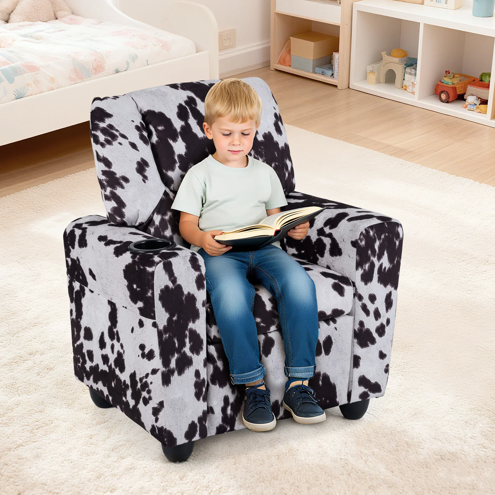 Kids Recliner Chair, Push Back Toddler Armchair With Cup Holder, White, Black - Image 3