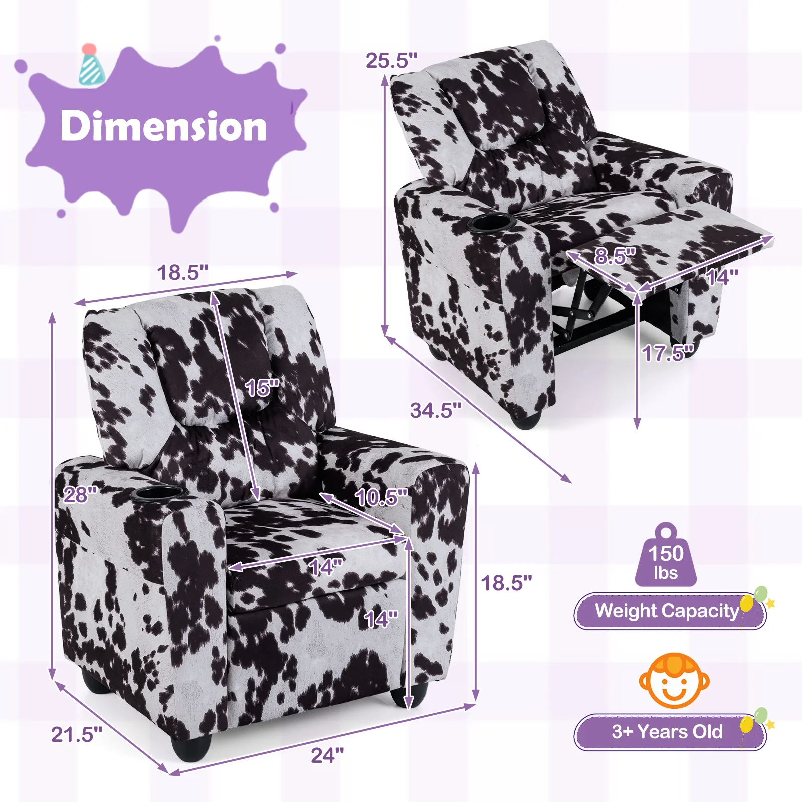 Kids Recliner Chair, Push Back Toddler Armchair With Cup Holder, White, Black - Image 5