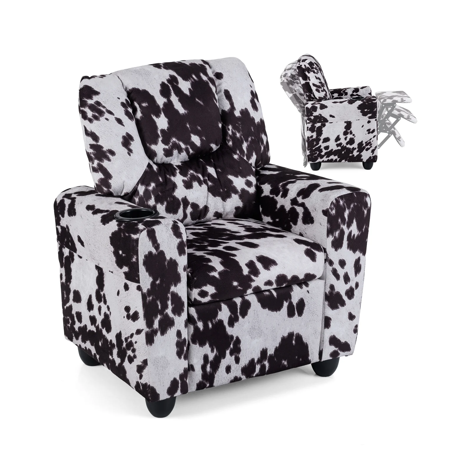 Kids Recliner Chair, Push Back Toddler Armchair With Cup Holder, White, Black - Image 7