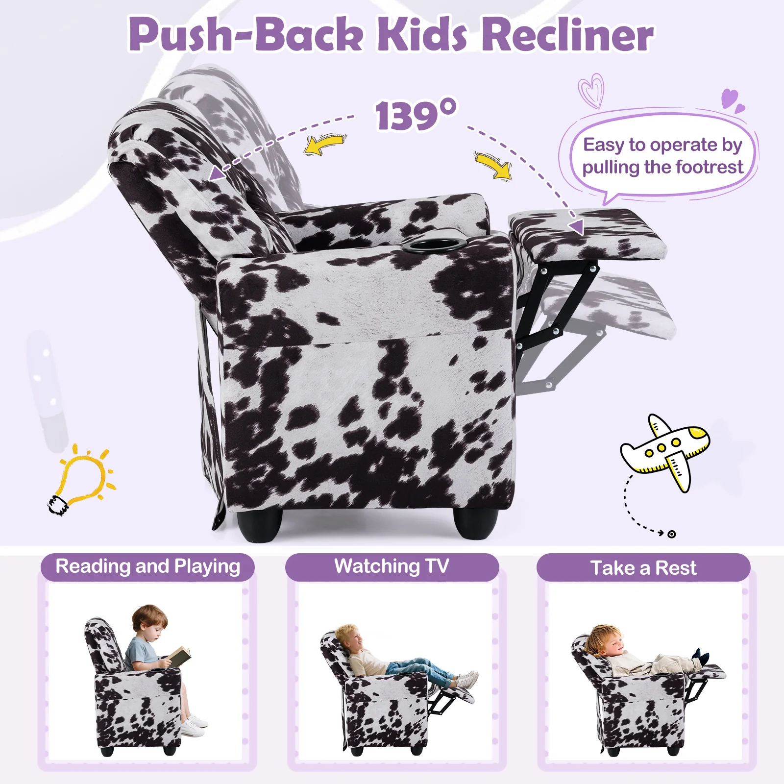 Kids Recliner Chair, Push Back Toddler Armchair With Cup Holder, White, Black - Image 9