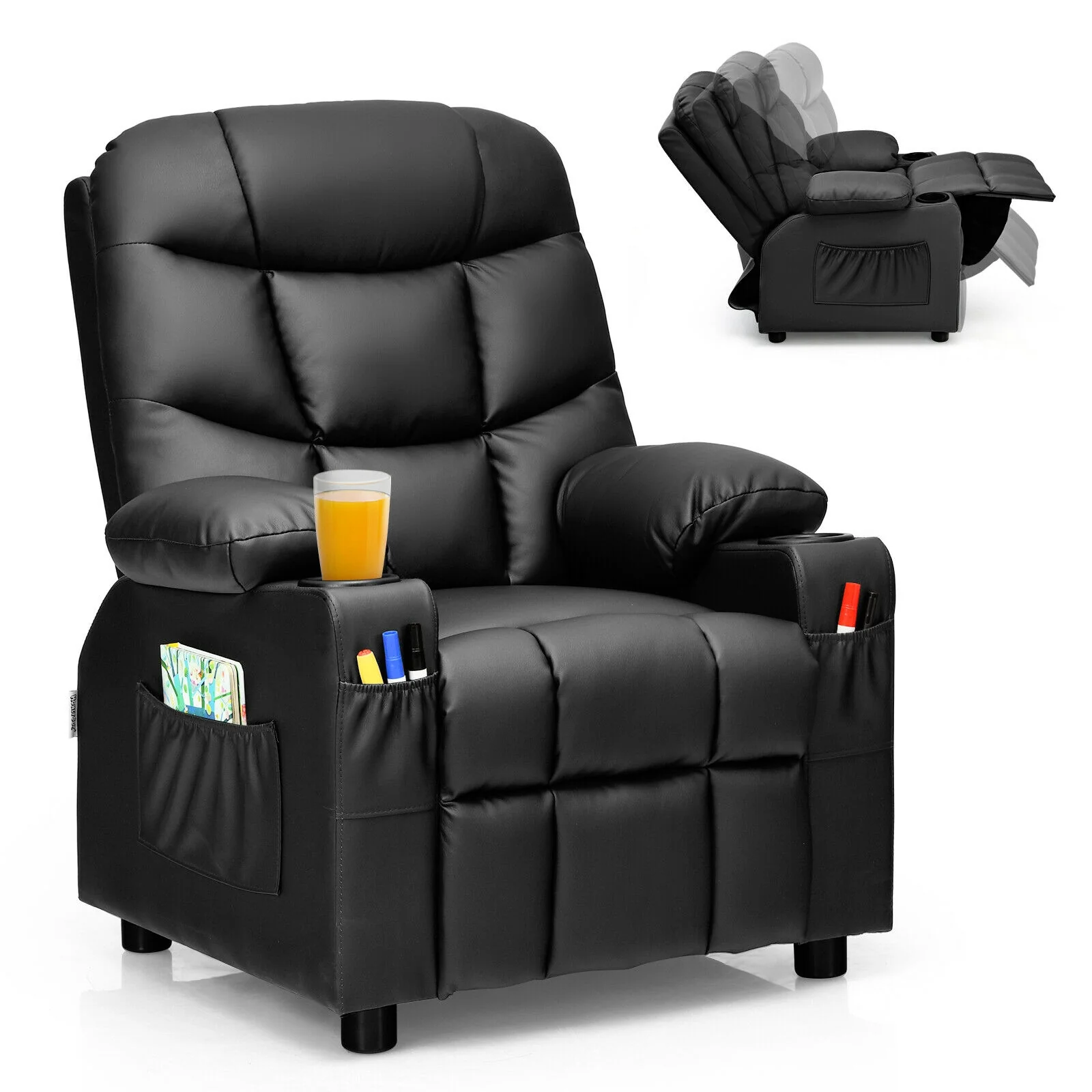Kids Recliner Chair With Cup Holder, Footrest, Black