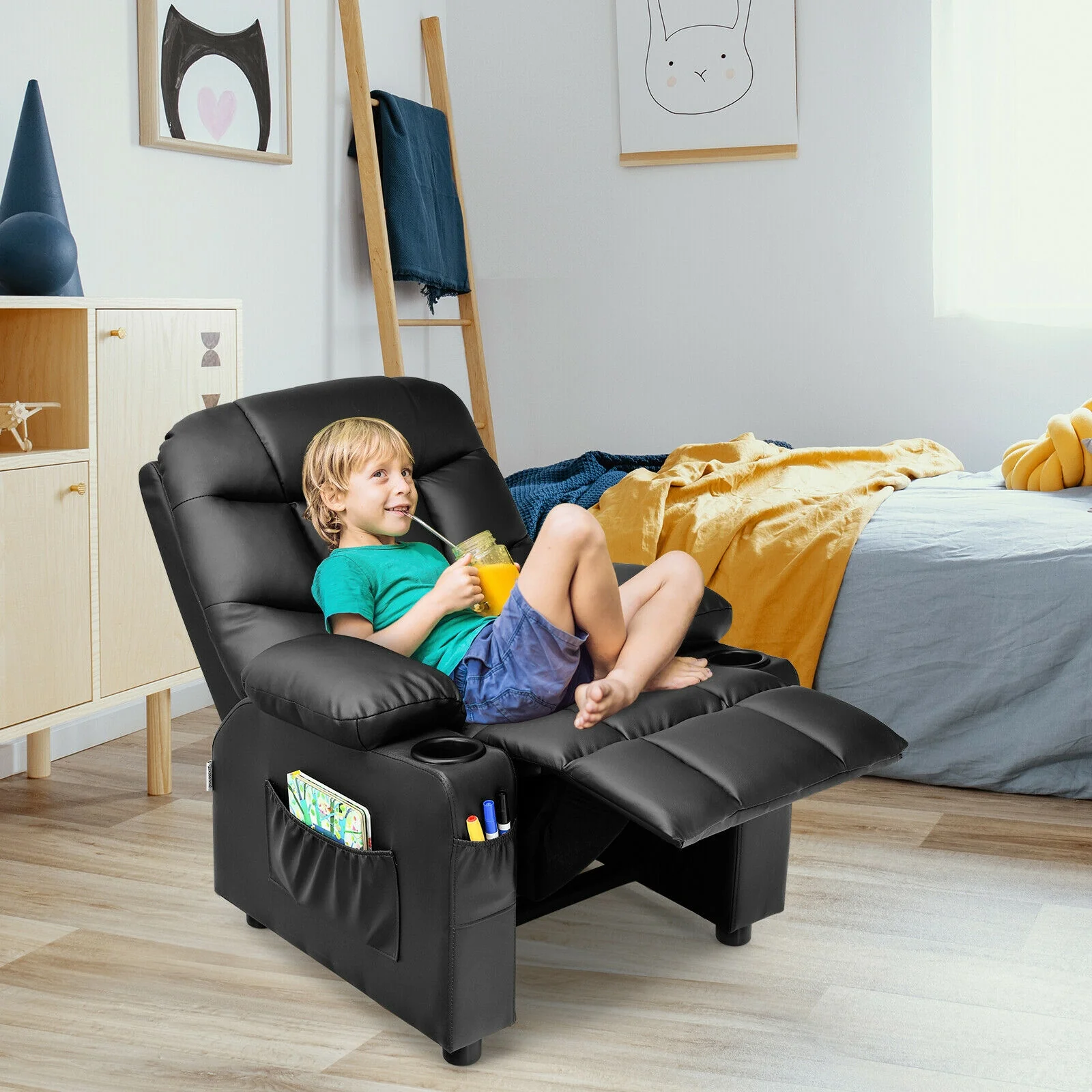 Kids Recliner Chair With Cup Holder, Footrest, Black - Image 2