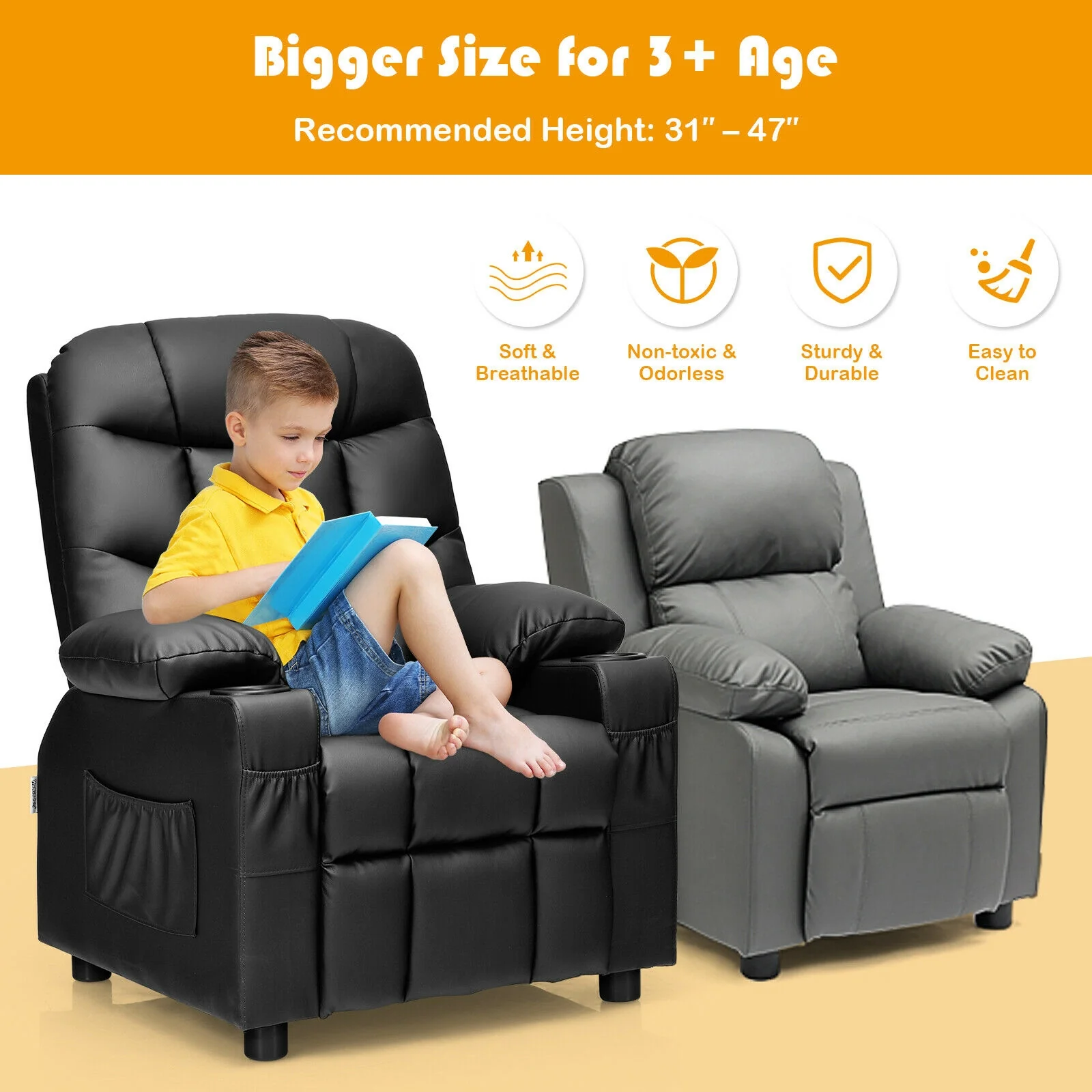 Kids Recliner Chair With Cup Holder, Footrest, Black - Image 4