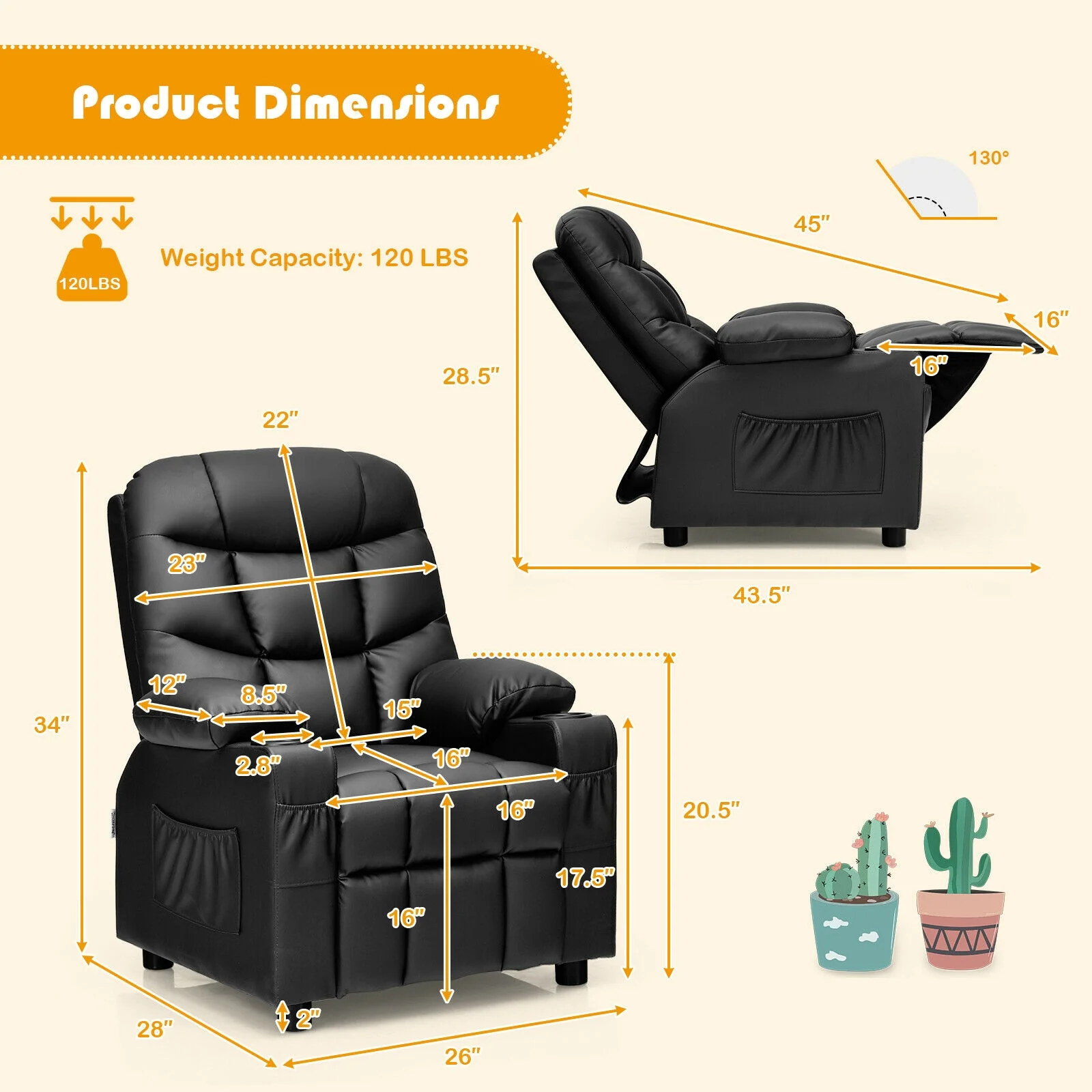 Kids Recliner Chair With Cup Holder, Footrest, Black - Image 5