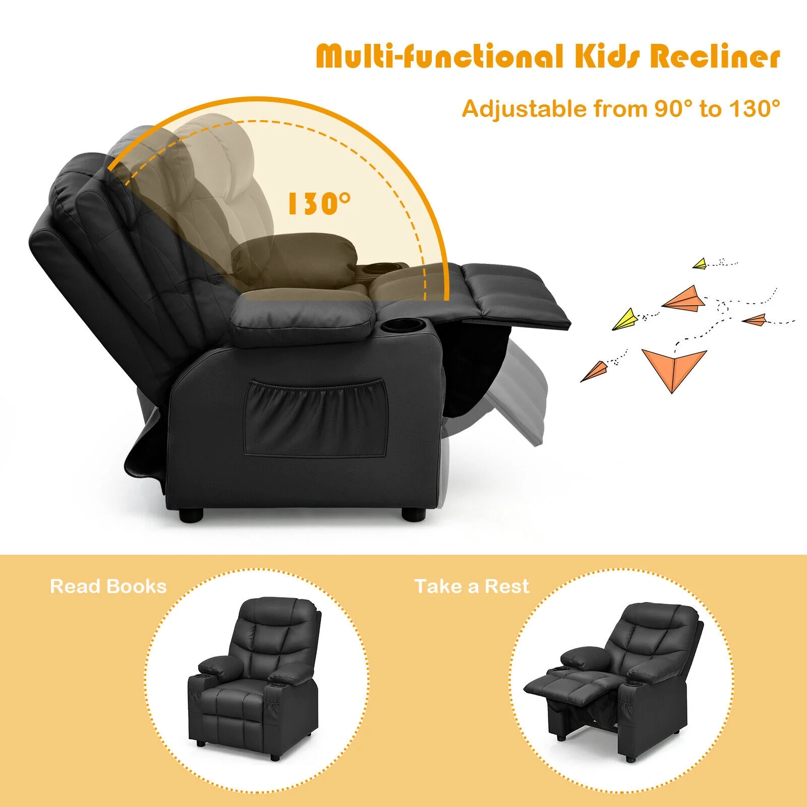 Kids Recliner Chair With Cup Holder, Footrest, Black - Image 6