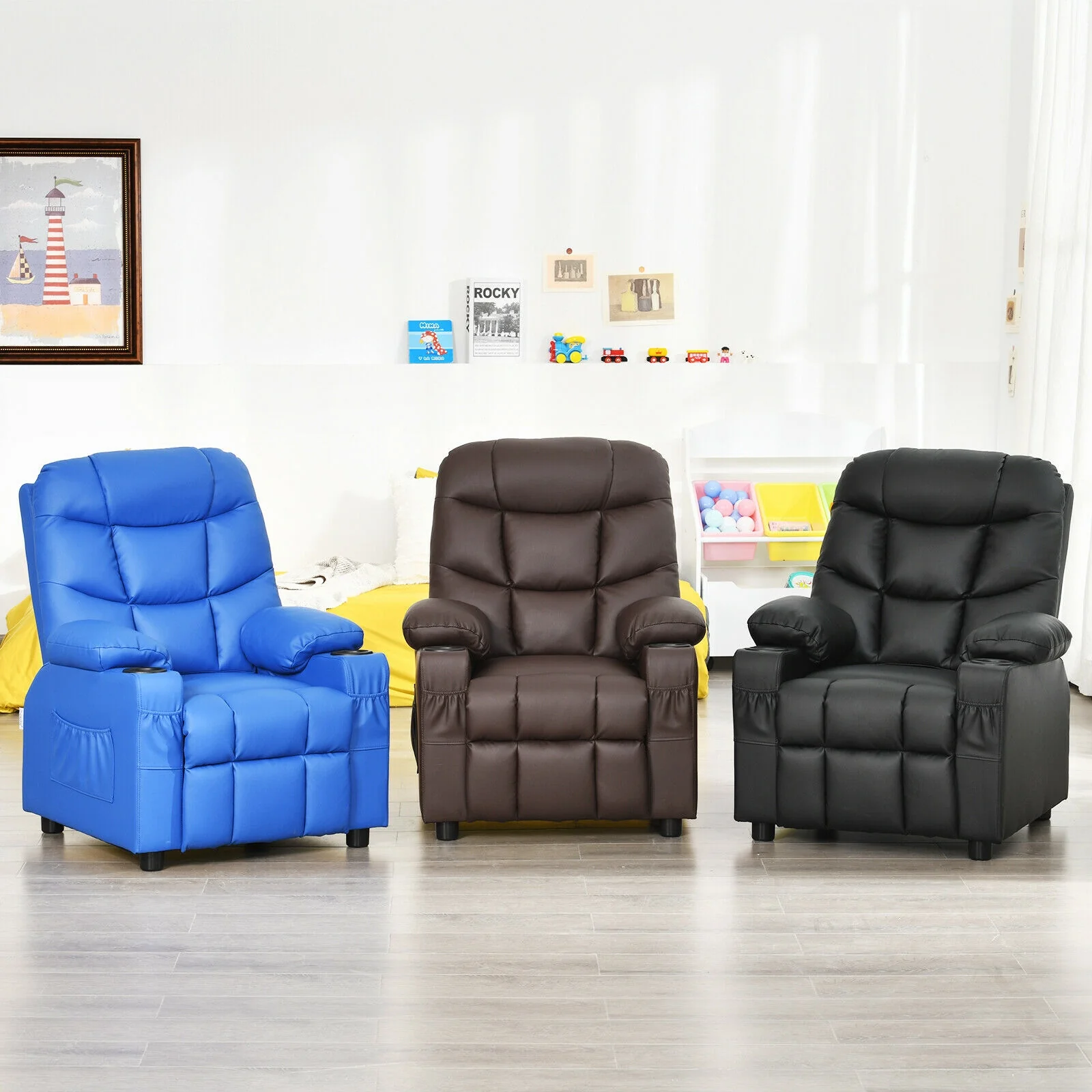 Kids Recliner Chair With Cup Holder, Footrest, Black - Image 7