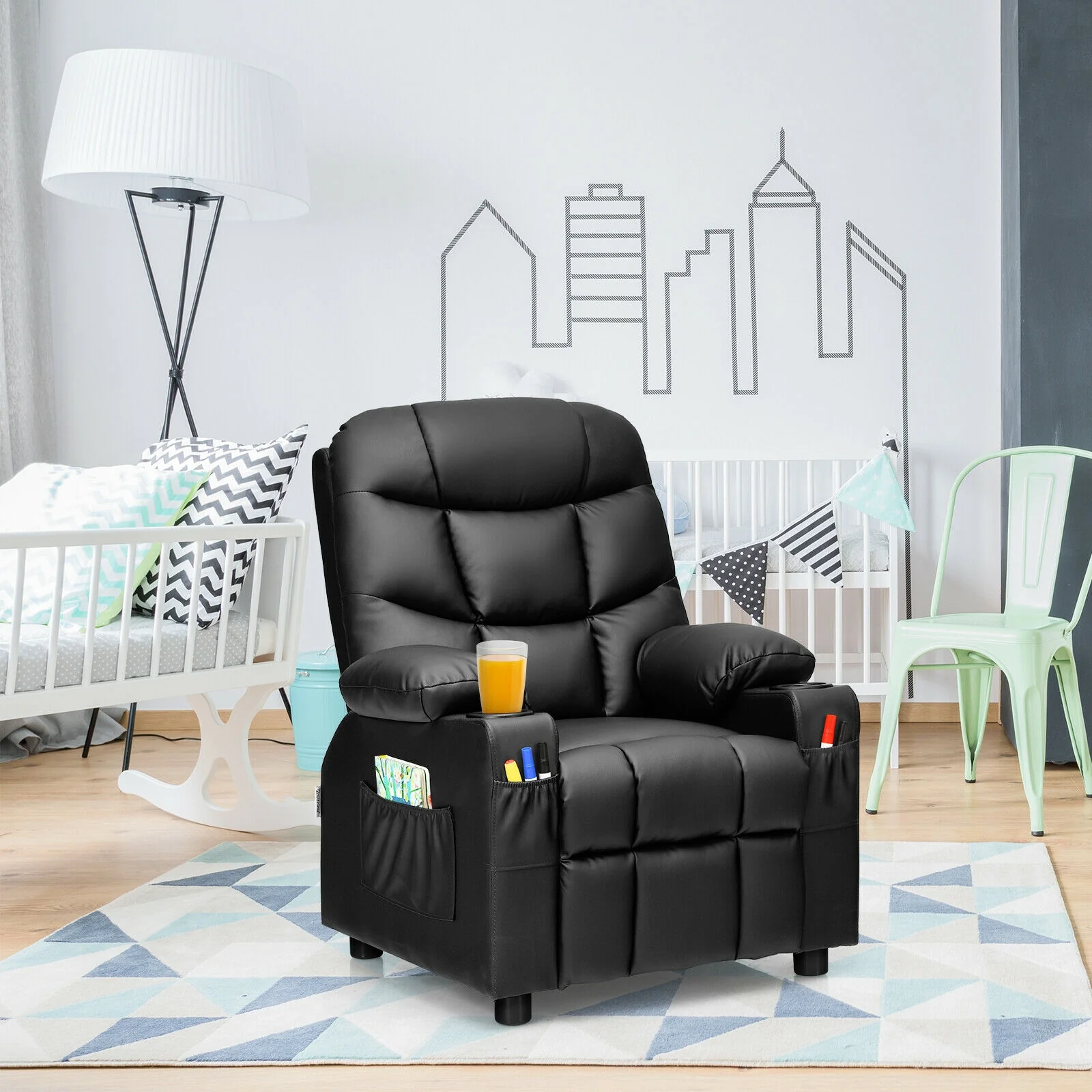 Kids Recliner Chair With Cup Holder, Footrest, Black - Image 9