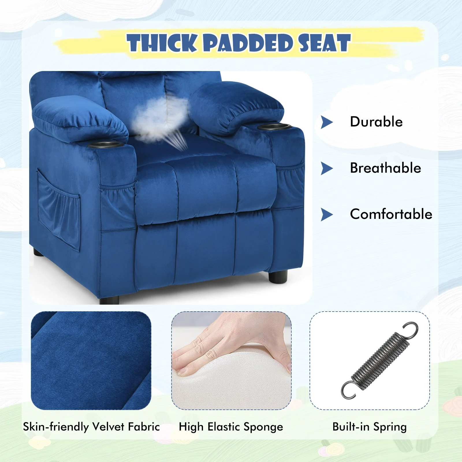 Kids Recliner Chair With Cup Holder, Footrest, Light Blue - Image 10
