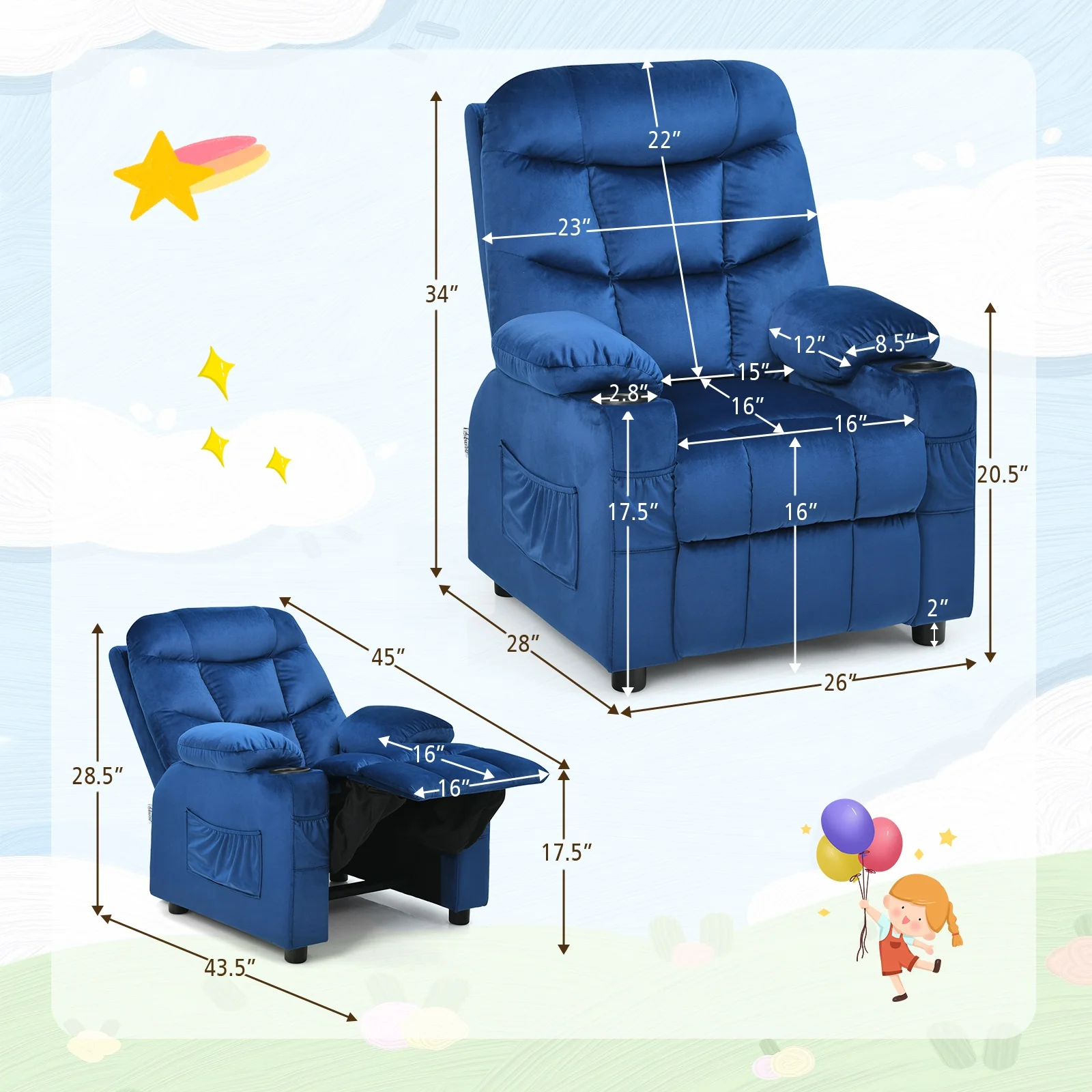 Kids Recliner Chair With Cup Holder, Footrest, Light Blue - Image 6