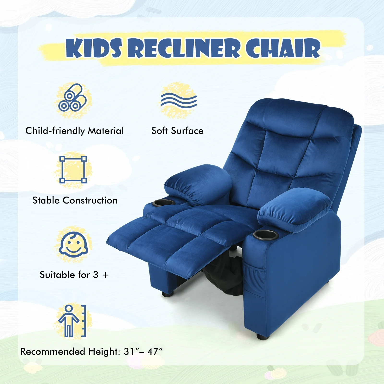 Kids Recliner Chair With Cup Holder, Footrest, Light Blue - Image 7