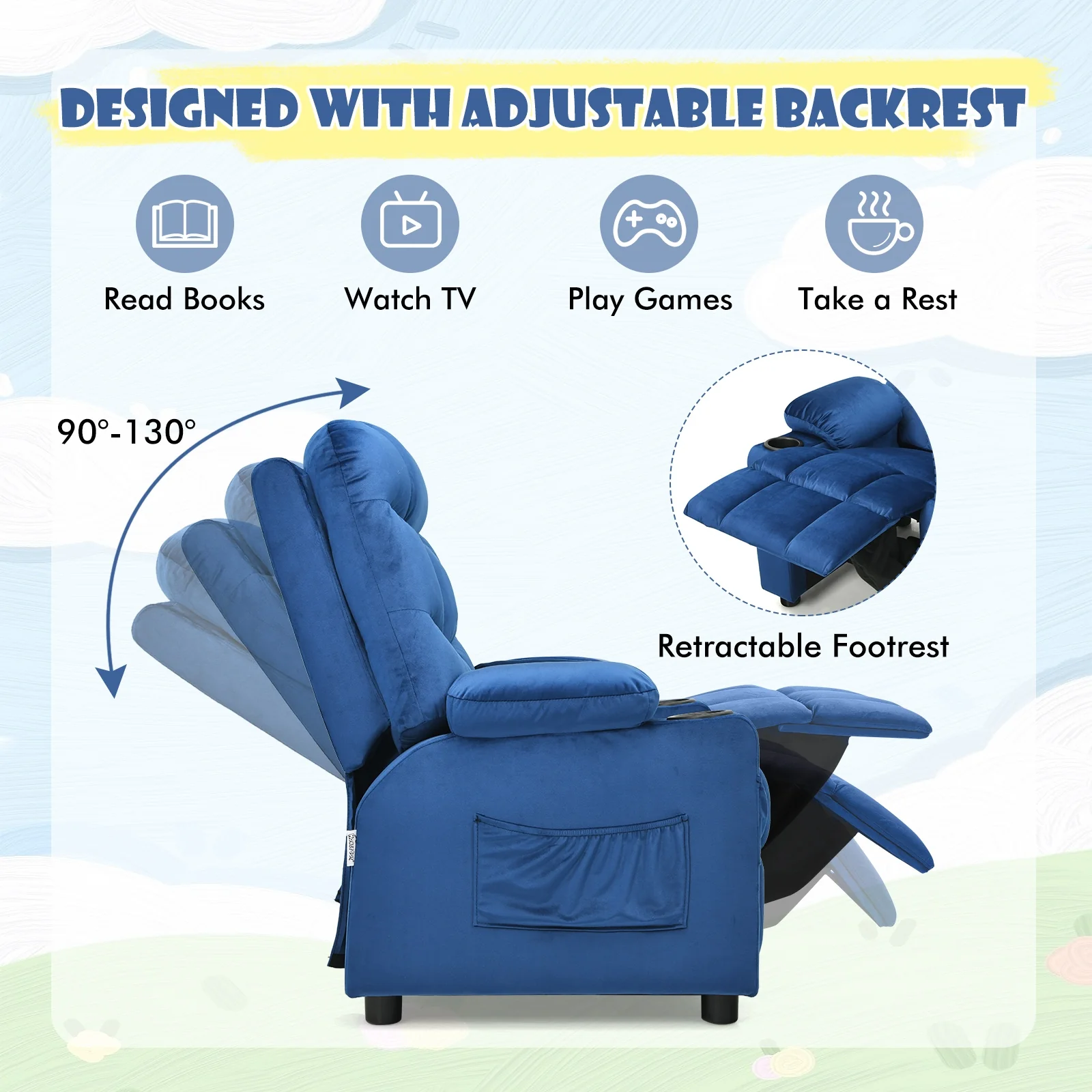 Kids Recliner Chair With Cup Holder, Footrest, Light Blue - Image 9