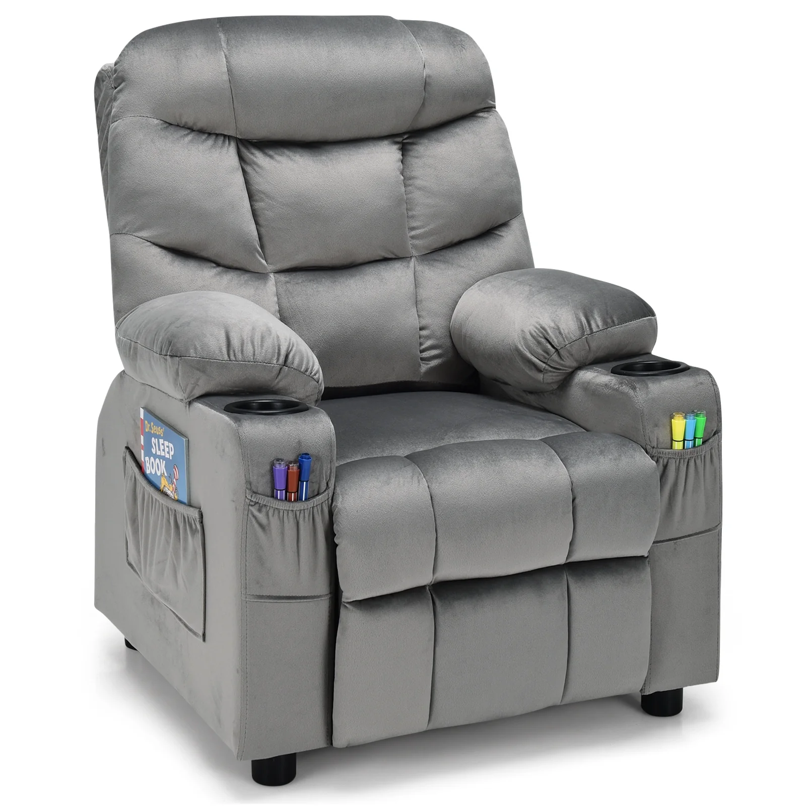 Kids Recliner Chair With Cup Holder, Footrest, Light Gray