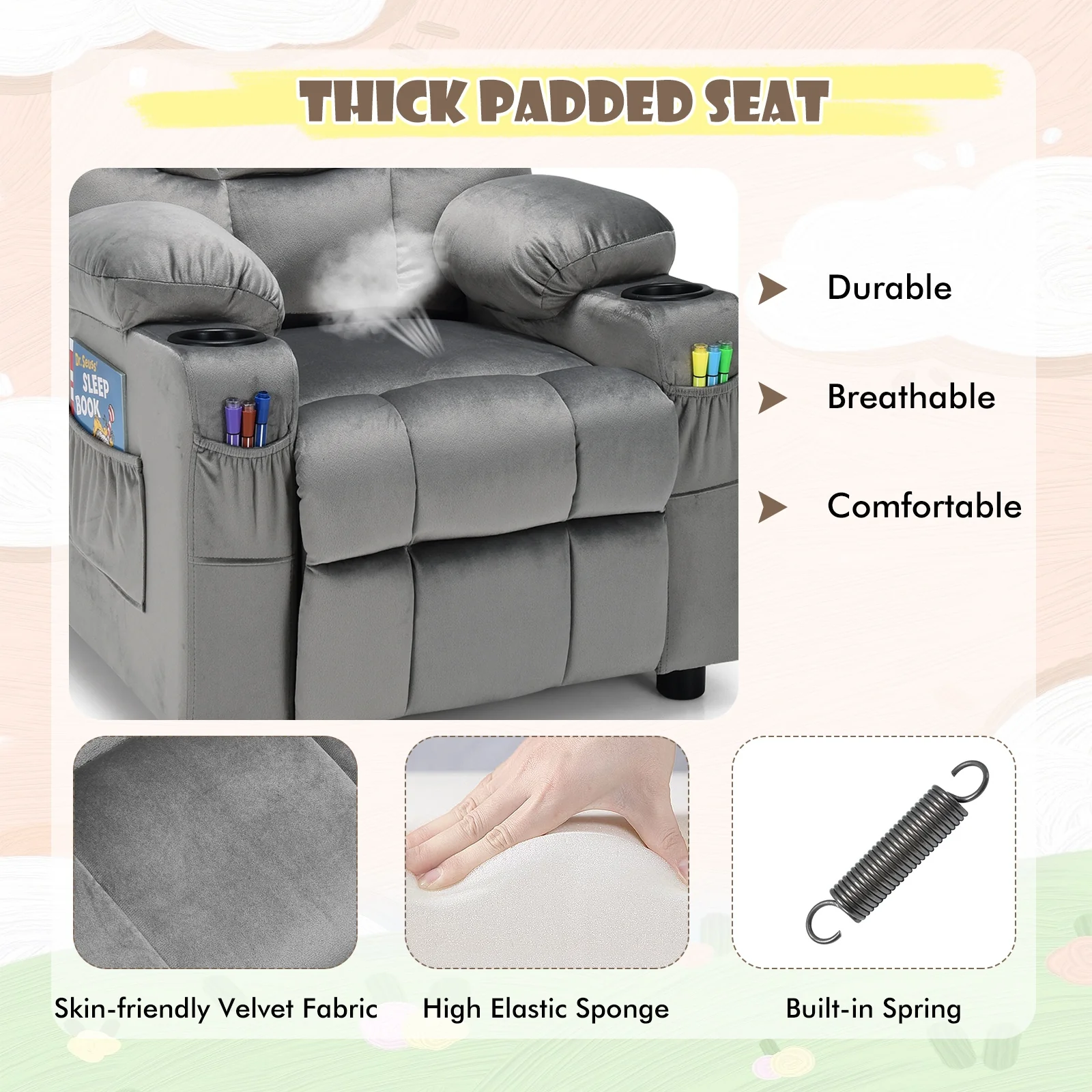 Kids Recliner Chair With Cup Holder, Footrest, Light Gray - Image 10