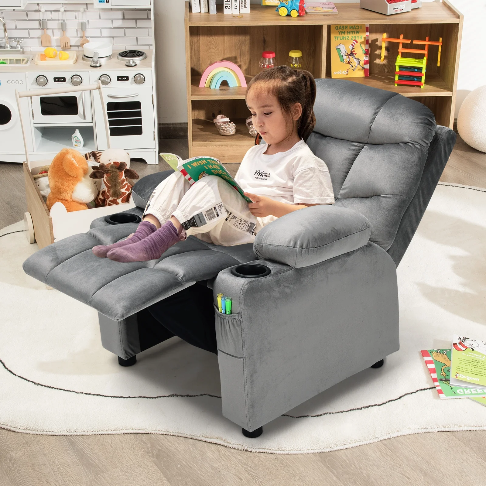 Kids Recliner Chair With Cup Holder, Footrest, Light Gray - Image 2