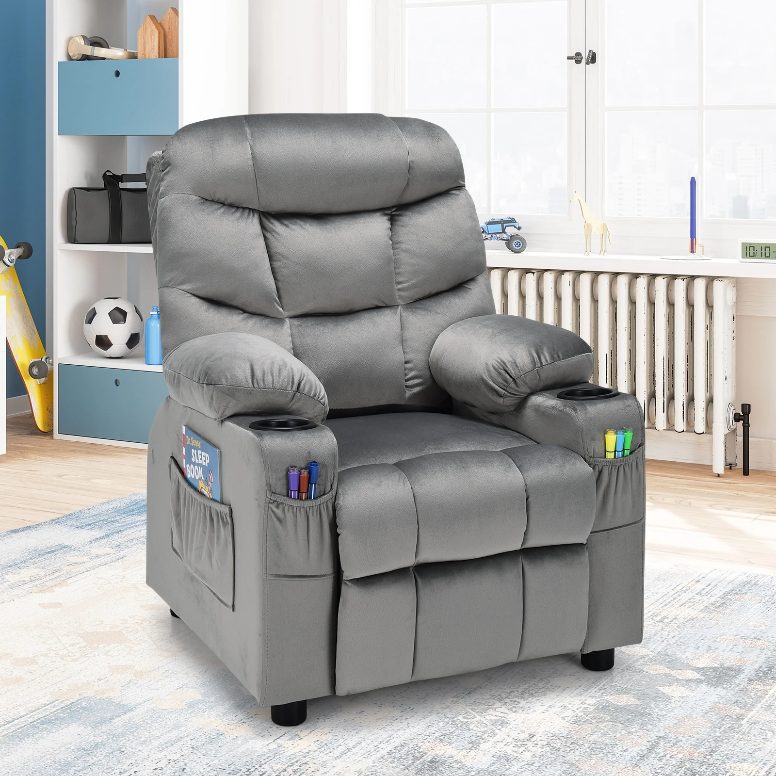 Kids Recliner Chair With Cup Holder, Footrest, Light Gray - Image 3