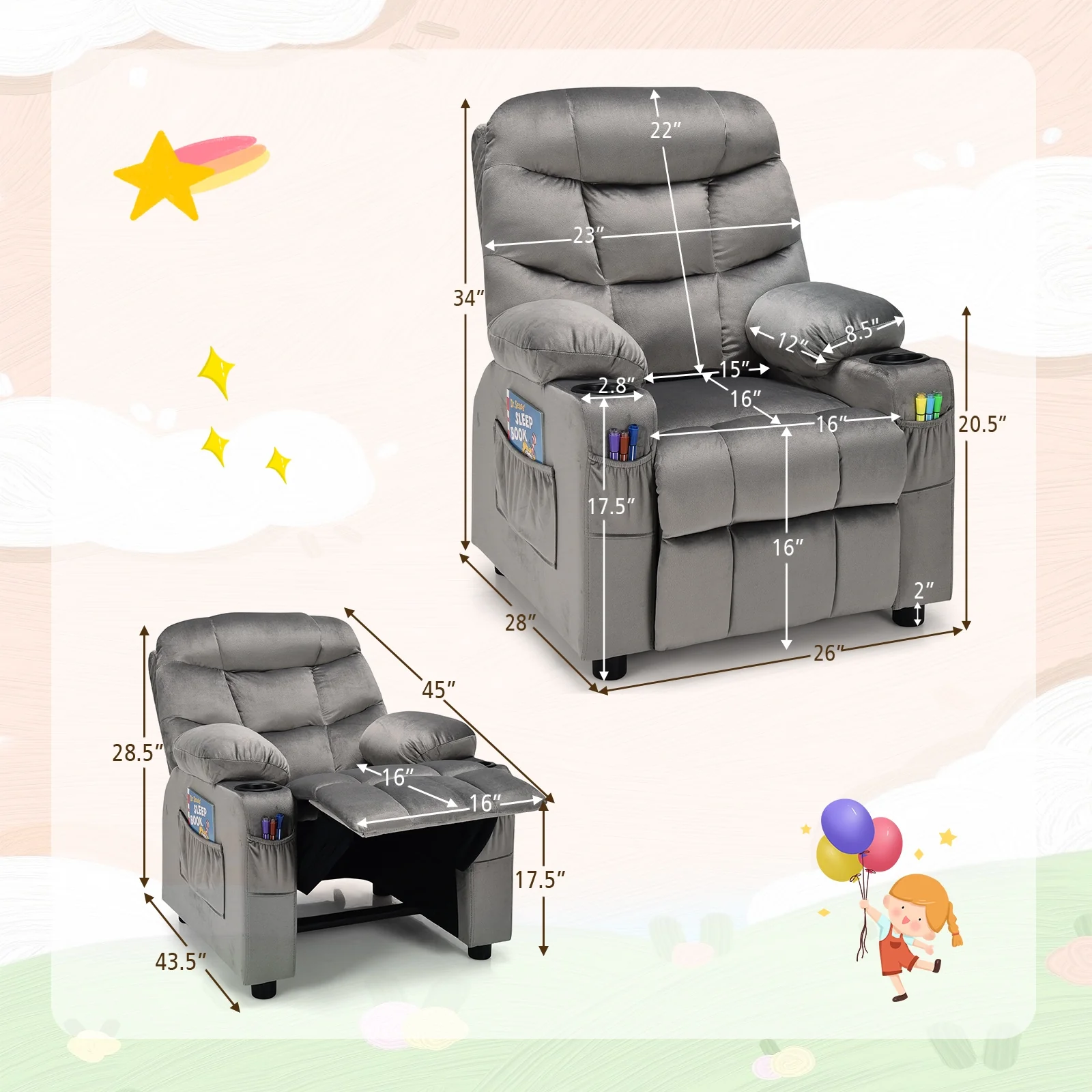 Kids Recliner Chair With Cup Holder, Footrest, Light Gray - Image 6