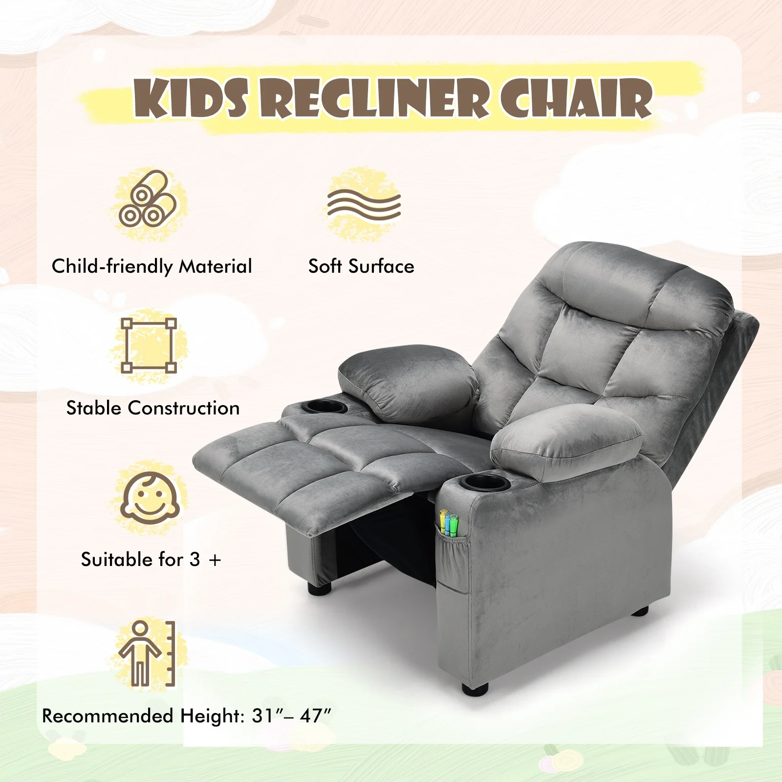 Kids Recliner Chair With Cup Holder, Footrest, Light Gray - Image 7