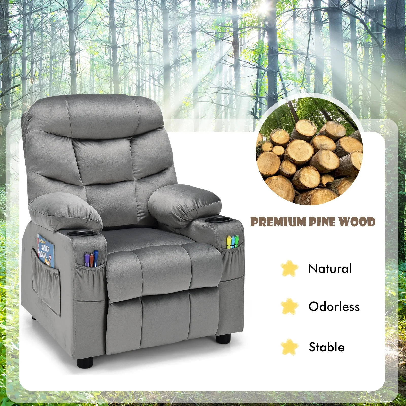 Kids Recliner Chair With Cup Holder, Footrest, Light Gray - Image 8