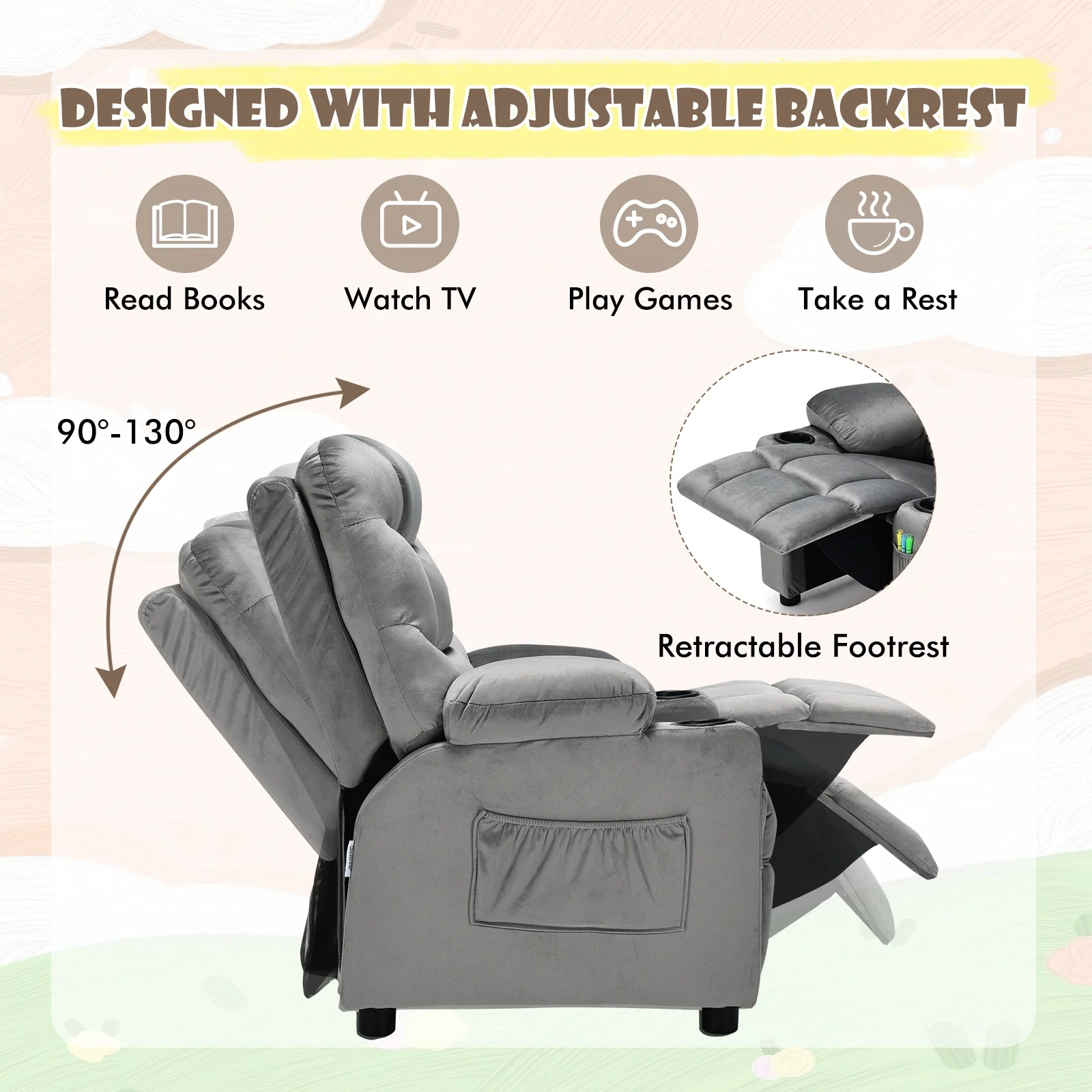 Kids Recliner Chair With Cup Holder, Footrest, Light Gray - Image 9