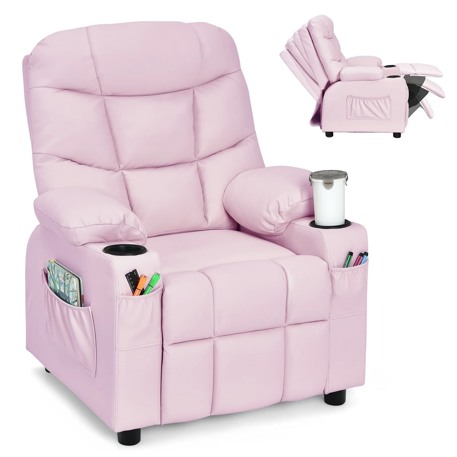 Kids Recliner Chair With Cup Holder, Footrest, Light Pink