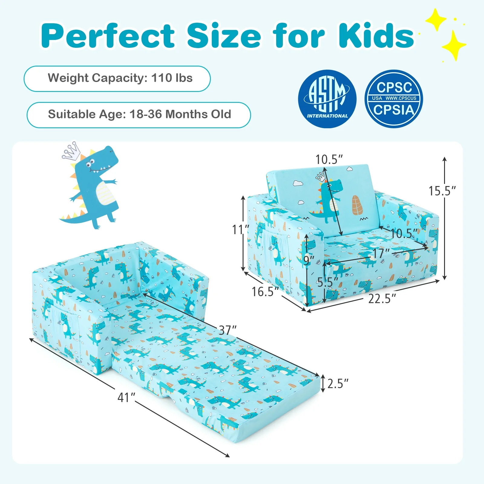 Kids Recliner Sofa Converts To Sleeper Bed, Blue - Image 6