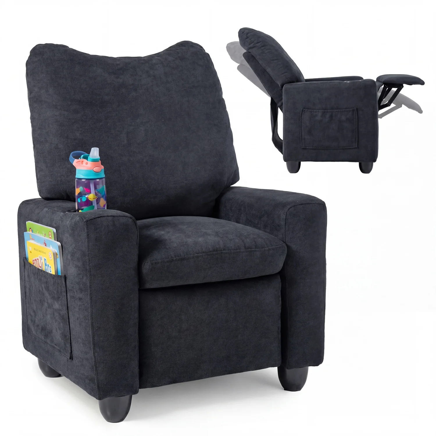 Kids Recliner Toddler Single Sofa with Adjustable Footrest and Cup Holder, Black - Image 2
