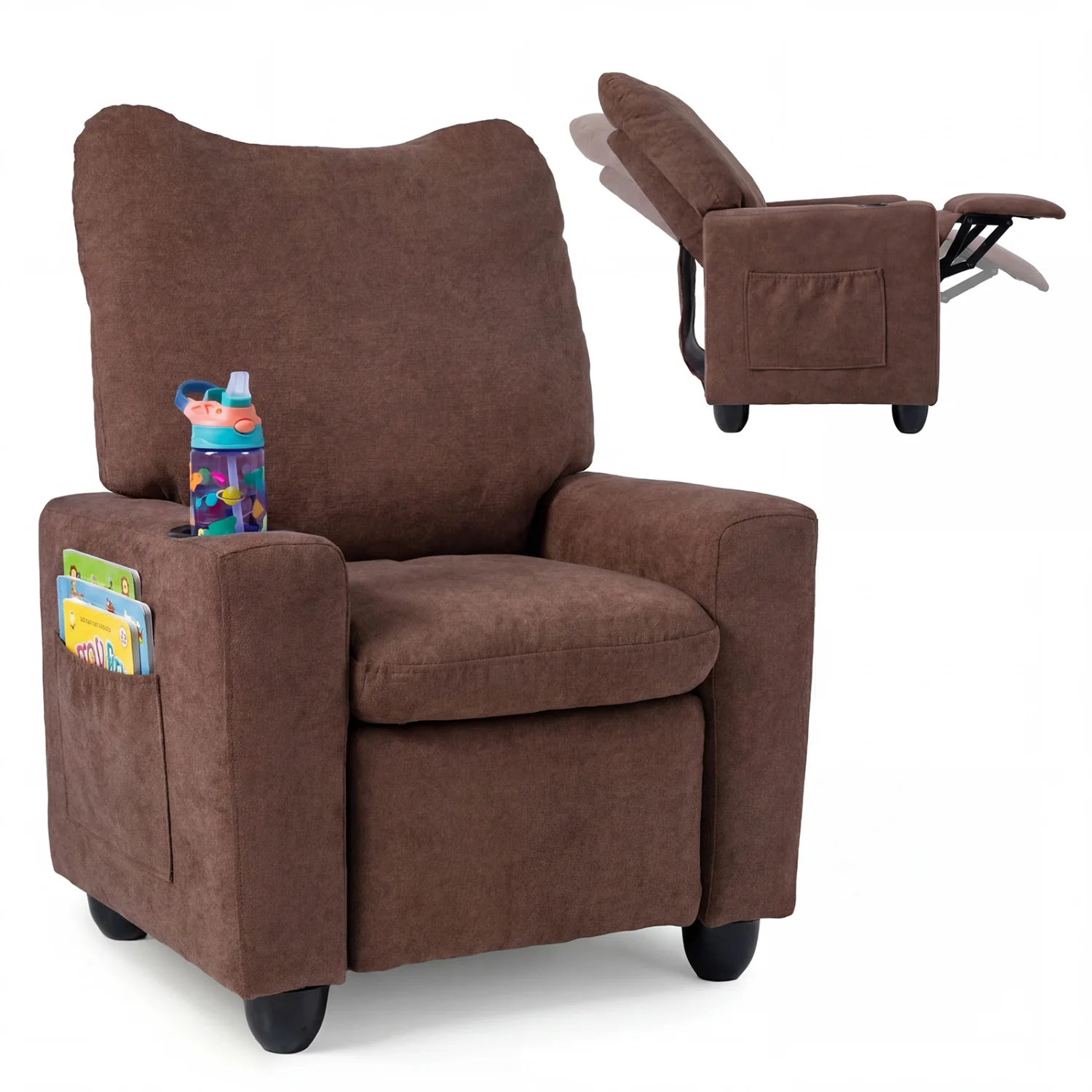 Kids Recliner Toddler Single Sofa with Adjustable Footrest and Cup Holder, Brown - Image 2