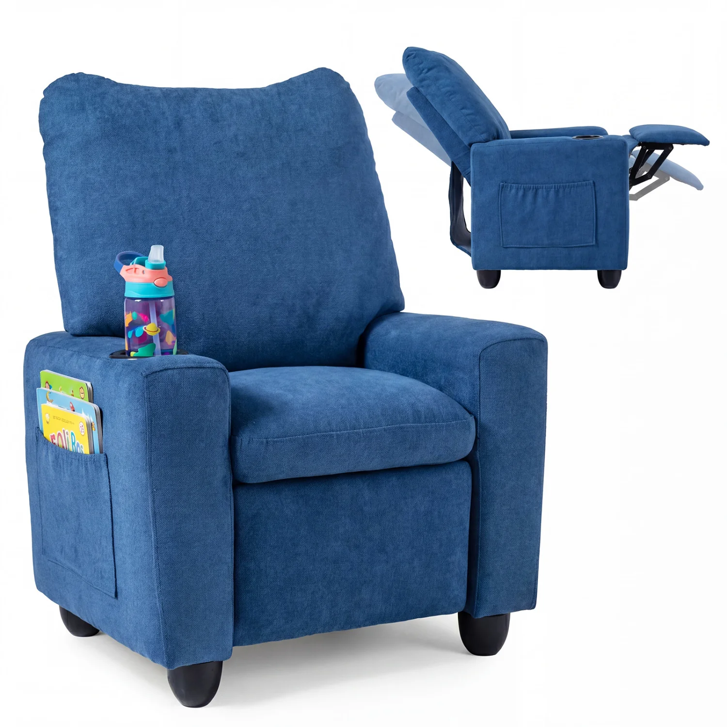 Kids Recliner Toddler Single Sofa with Adjustable Footrest and Cup Holder, Navy - Image 2