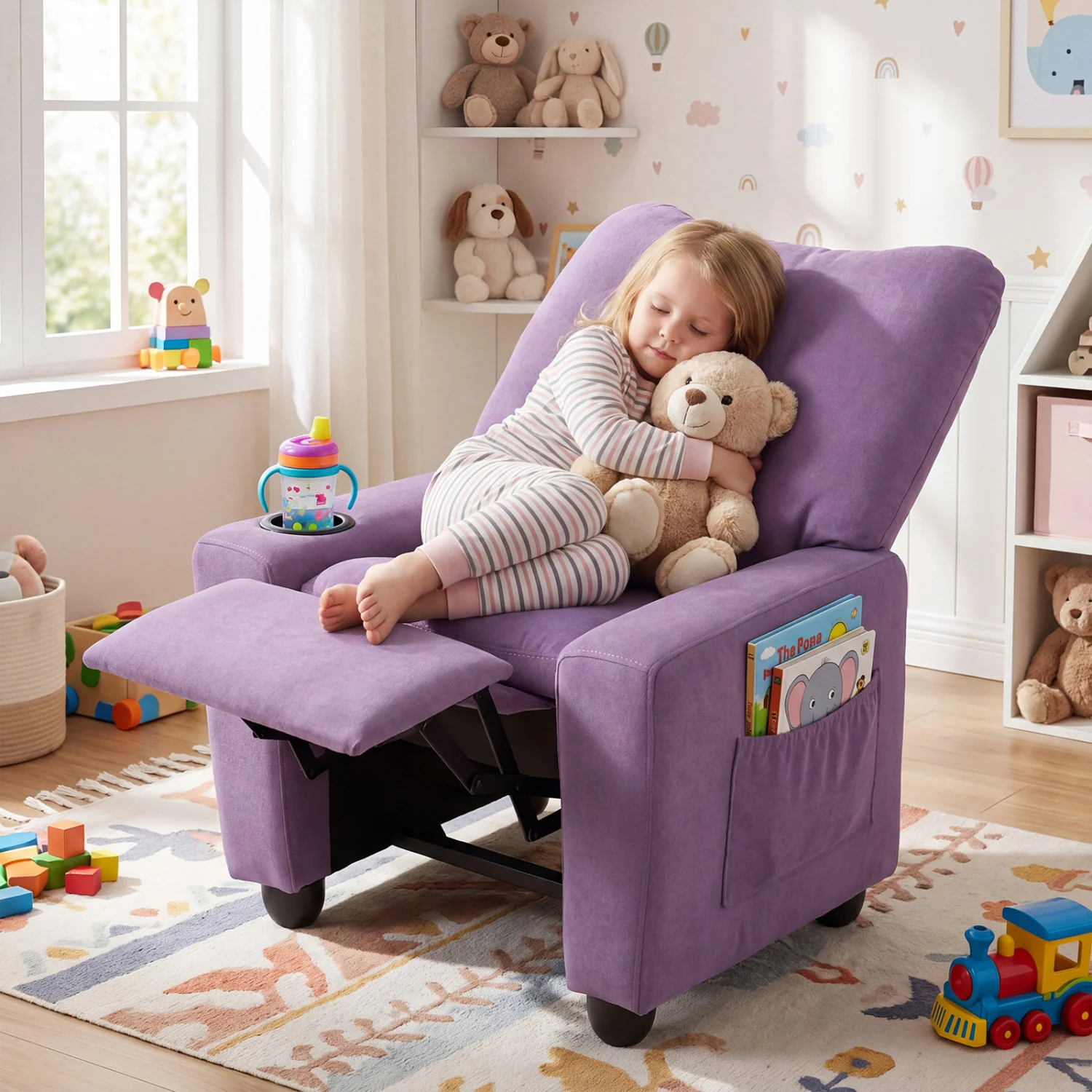 Kids Recliner Toddler Single Sofa with Adjustable Footrest and Cup Holder, Purple - Image 2