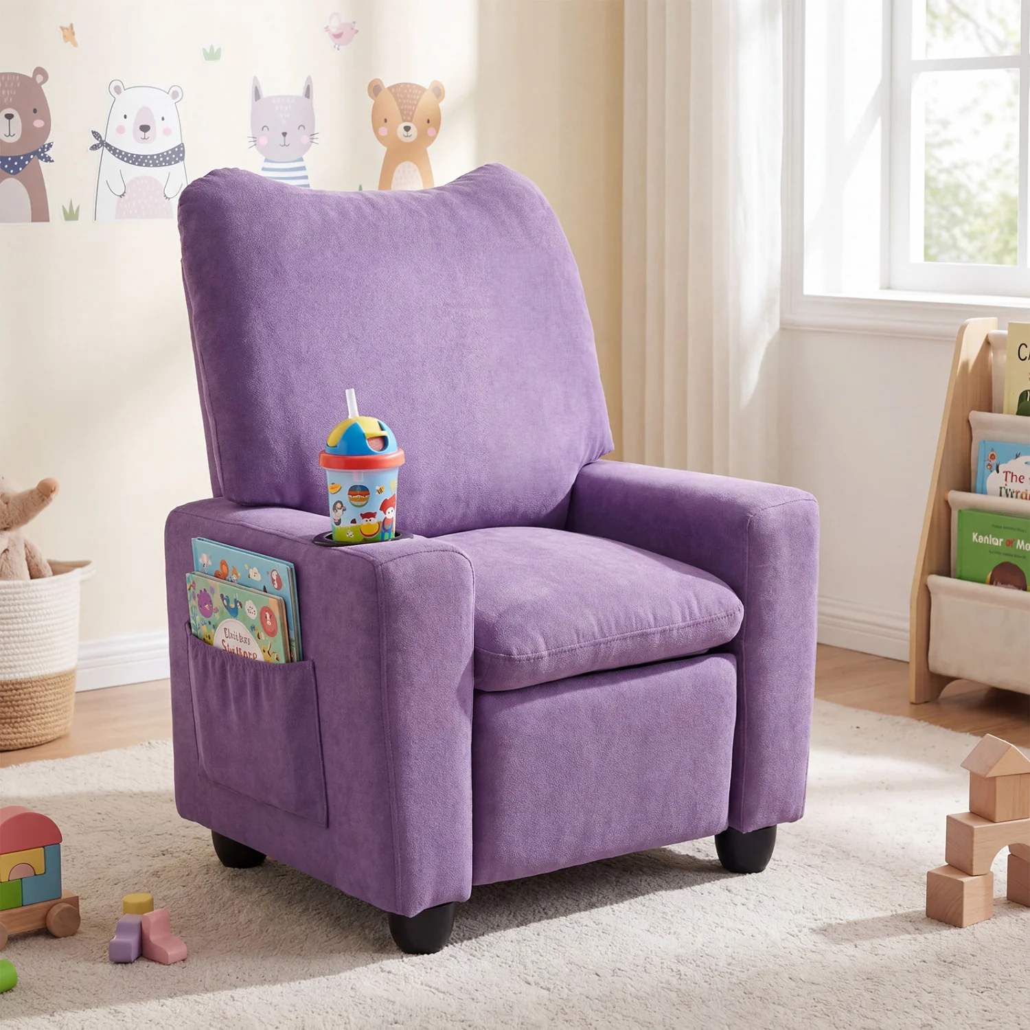 Kids Recliner Toddler Single Sofa with Adjustable Footrest and Cup Holder, Purple - Image 3