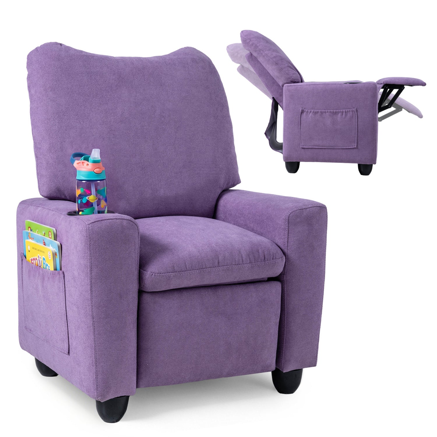 Kids Recliner Toddler Single Sofa with Adjustable Footrest and Cup Holder, Purple - Image 4