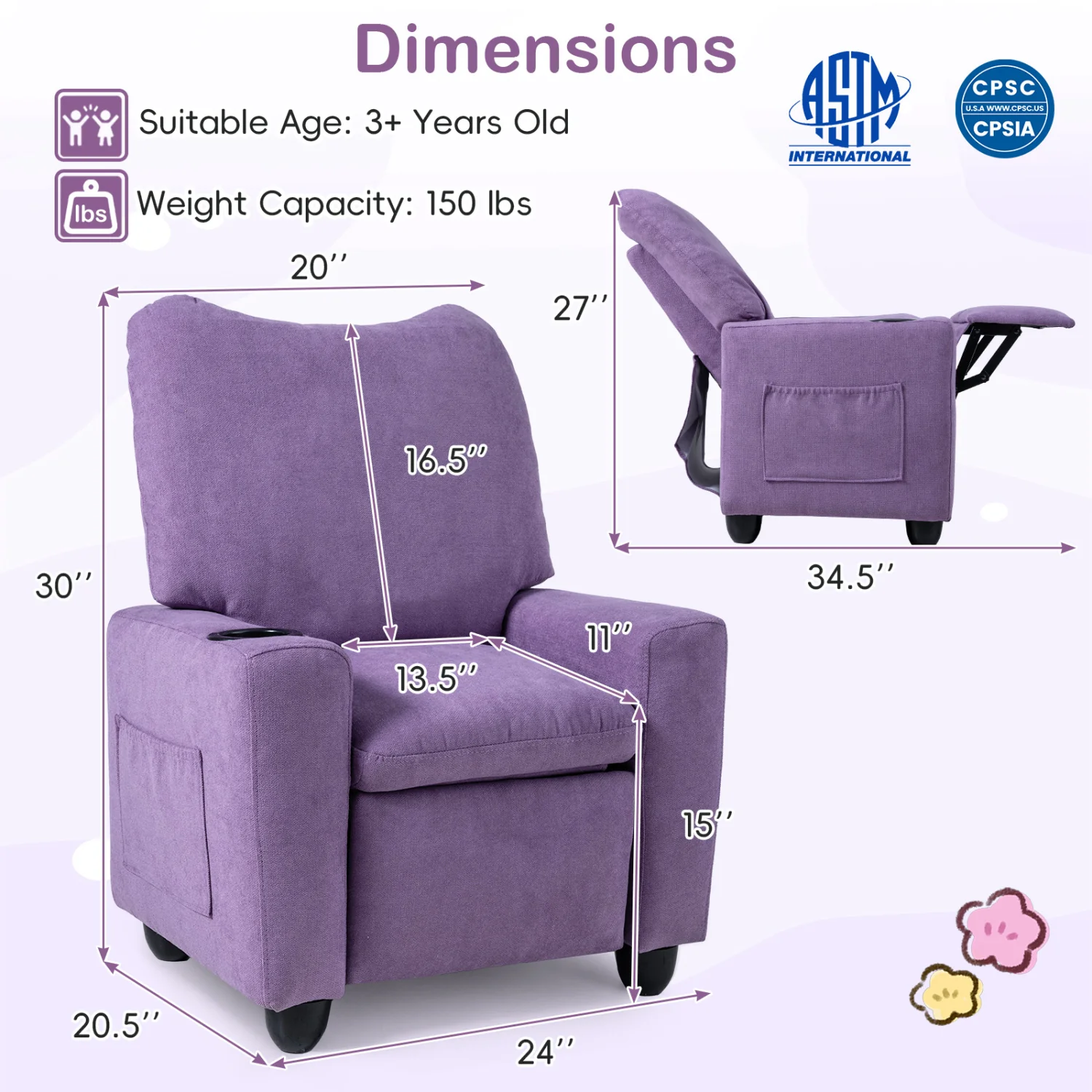 Kids Recliner Toddler Single Sofa with Adjustable Footrest and Cup Holder, Purple - Image 5