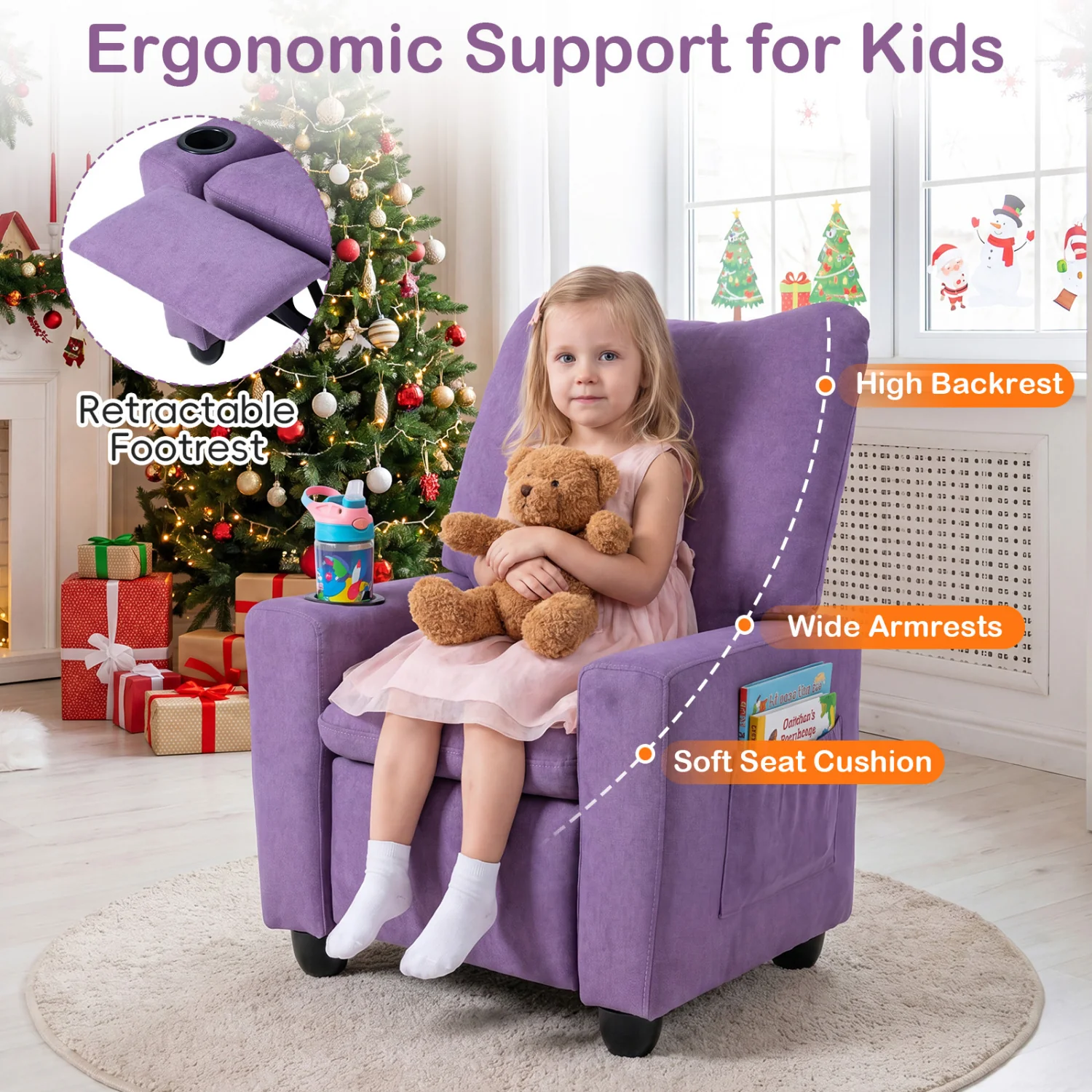 Kids Recliner Toddler Single Sofa with Adjustable Footrest and Cup Holder, Purple - Image 6