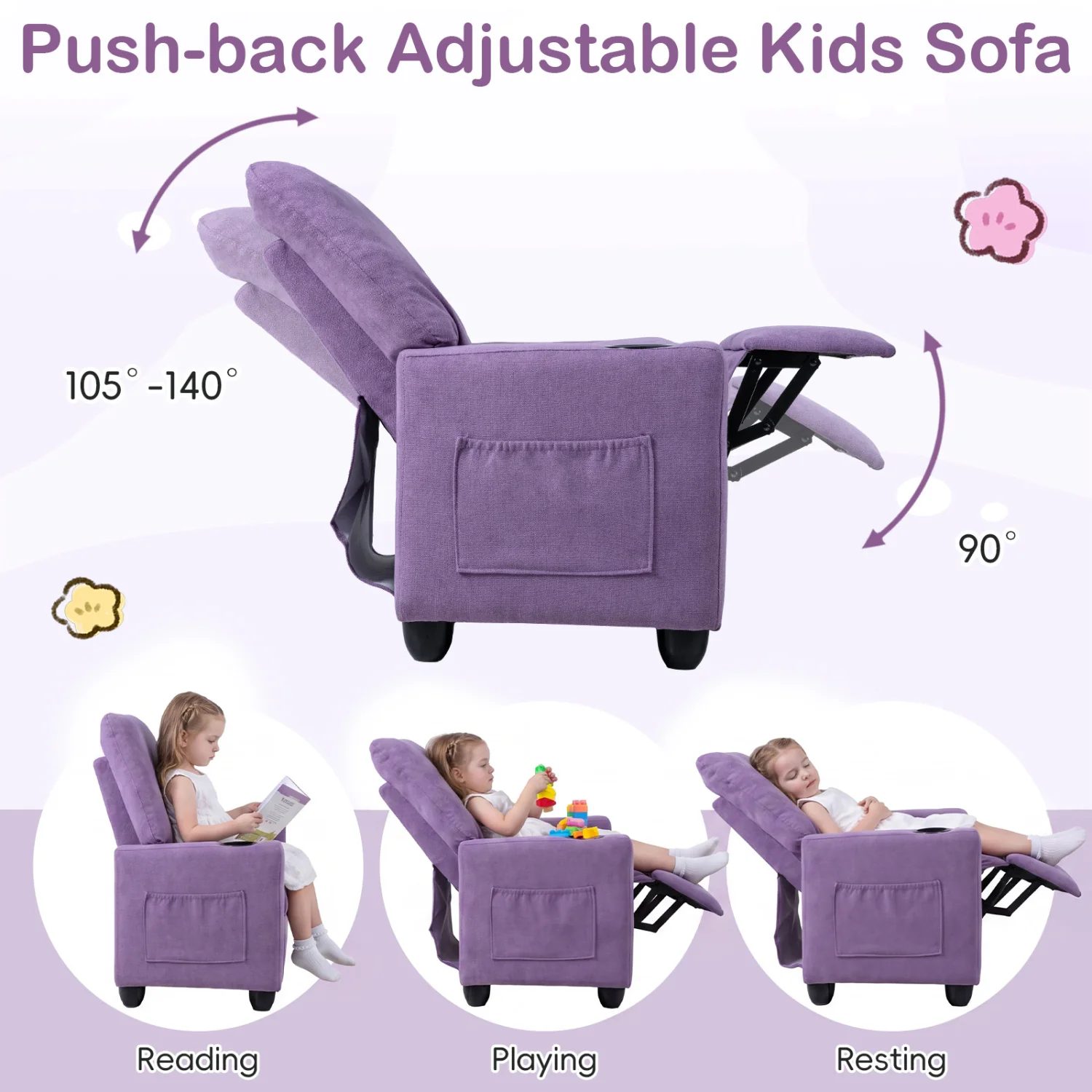Kids Recliner Toddler Single Sofa with Adjustable Footrest and Cup Holder, Purple - Image 7