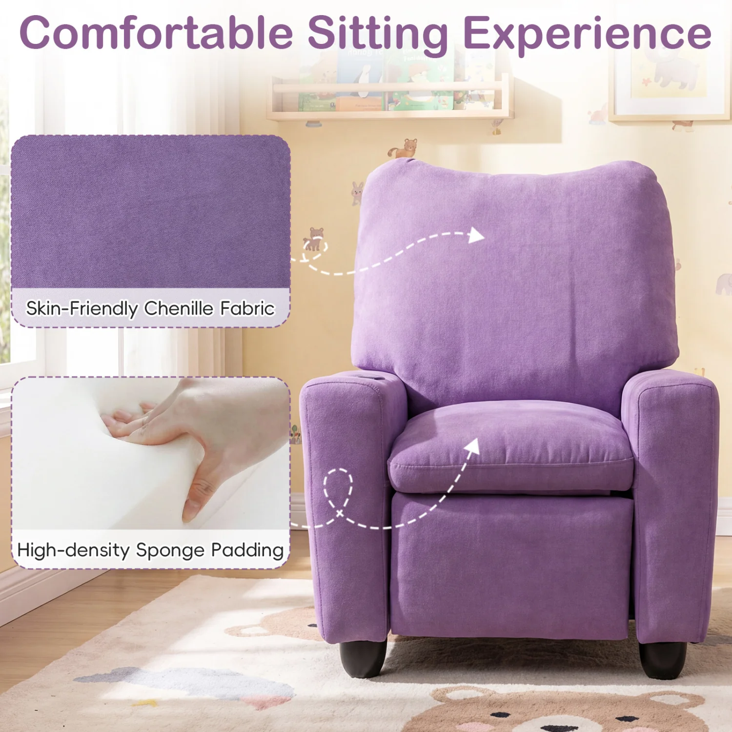 Kids Recliner Toddler Single Sofa with Adjustable Footrest and Cup Holder, Purple - Image 8