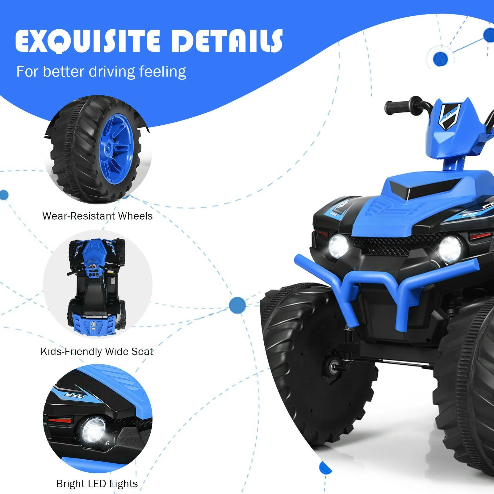 Kids Ride On ATV, 12V, LED Lights, Treaded Tires, Navy - Image 10