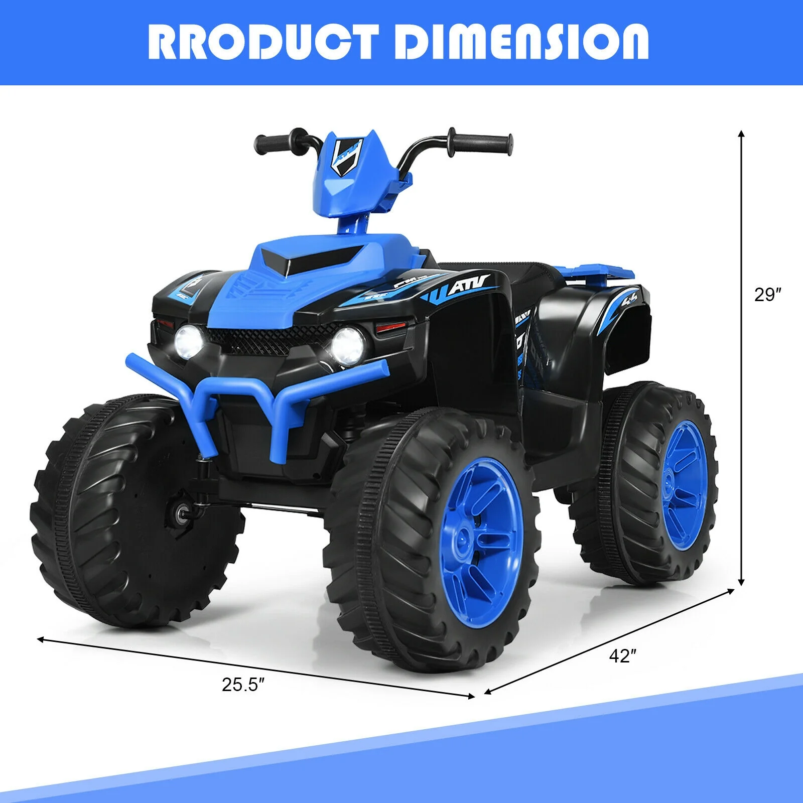 Kids Ride On ATV, 12V, LED Lights, Treaded Tires, Navy - Image 5