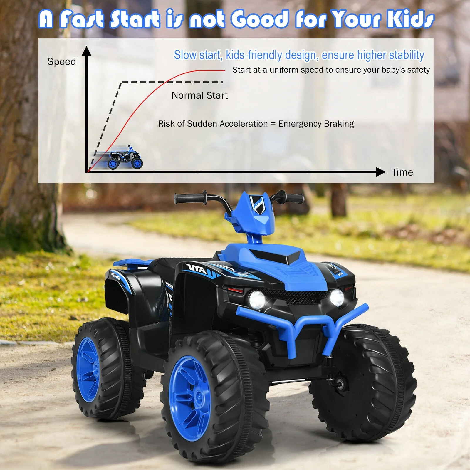 Kids Ride On ATV, 12V, LED Lights, Treaded Tires, Navy - Image 7
