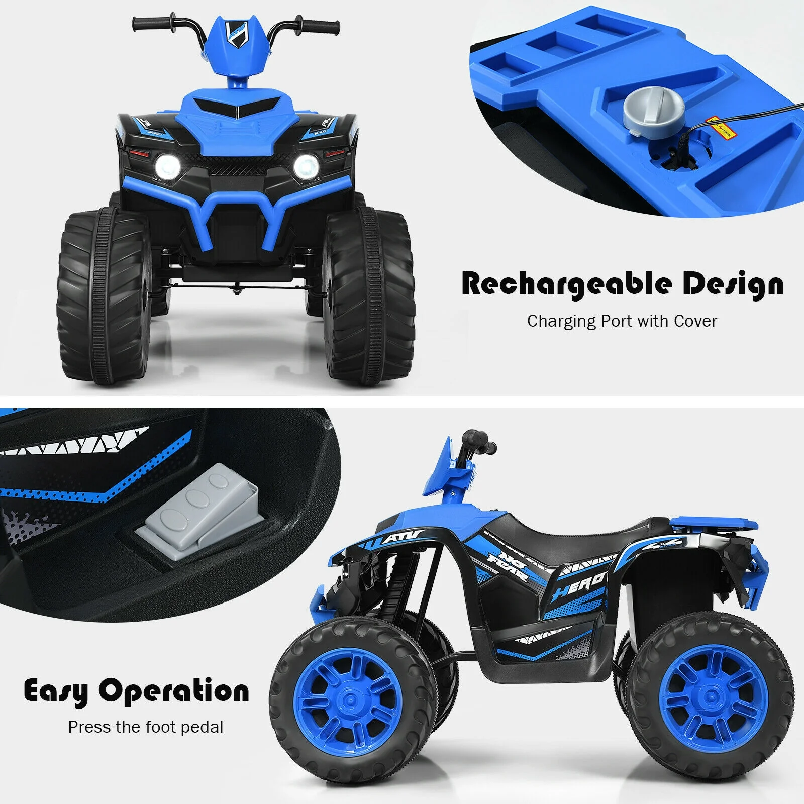 Kids Ride On ATV, 12V, LED Lights, Treaded Tires, Navy - Image 9
