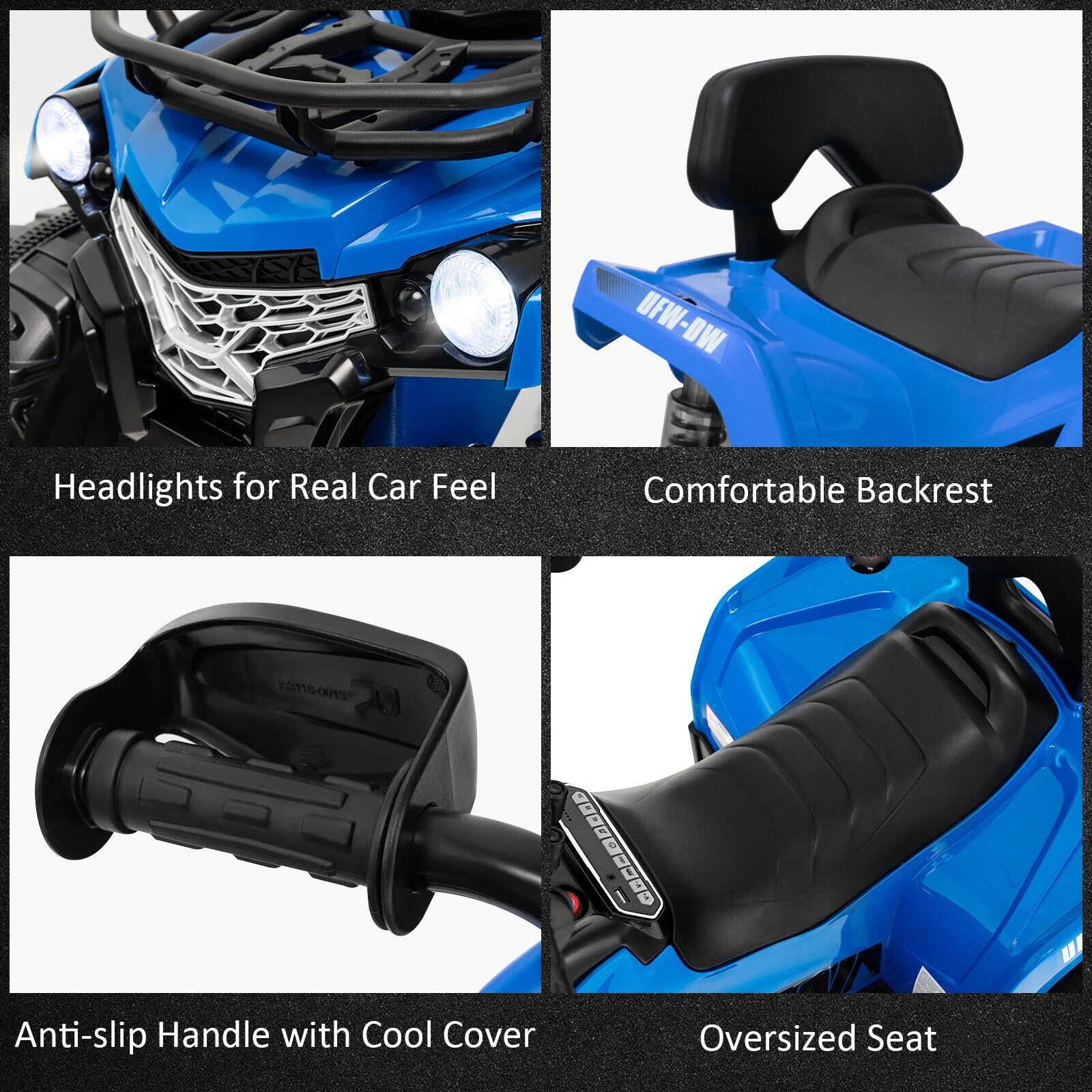 Kids Ride On ATV 4 Wheeler, 12V, MP3, Headlights, Blue - Image 10