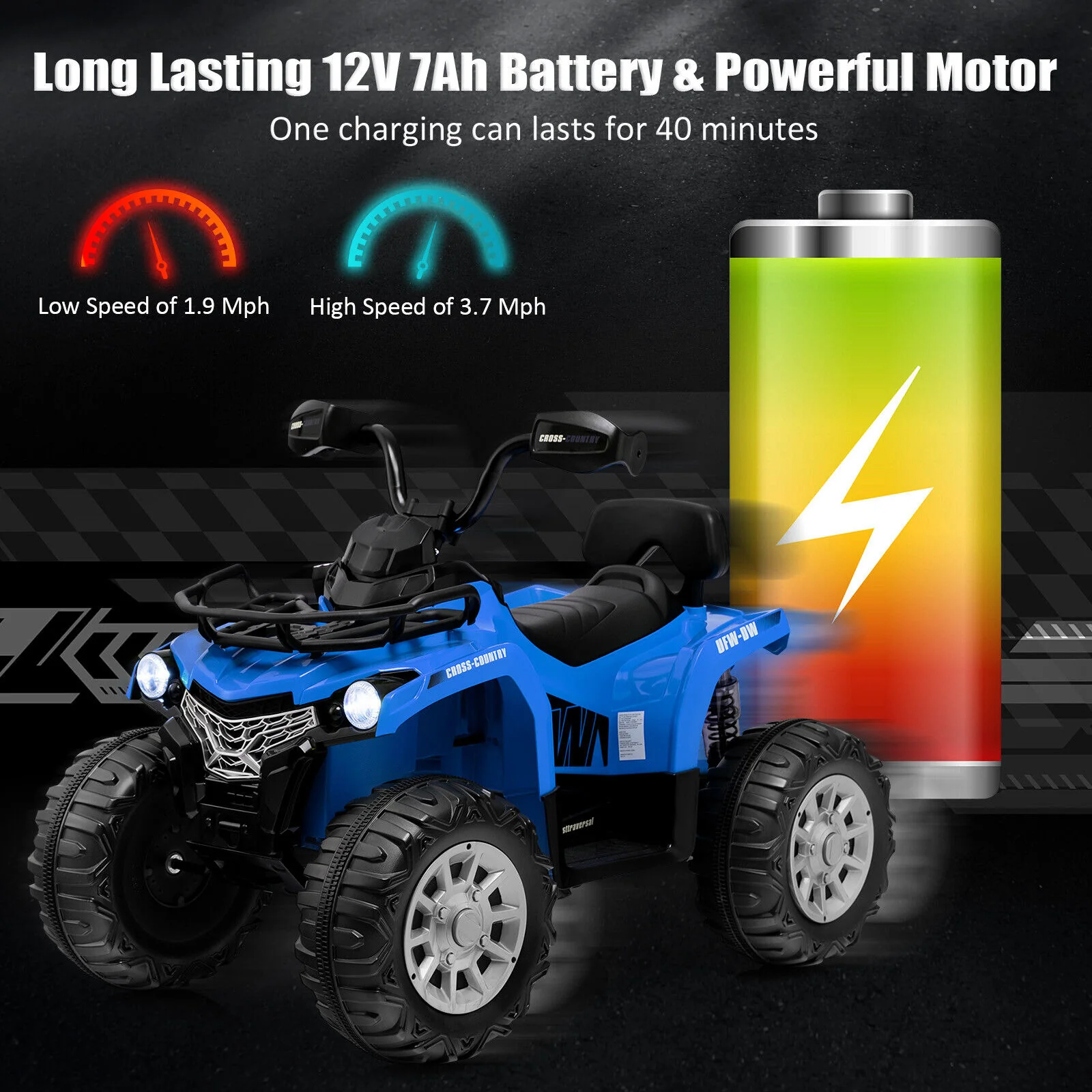 Kids Ride On ATV 4 Wheeler, 12V, MP3, Headlights, Blue - Image 7