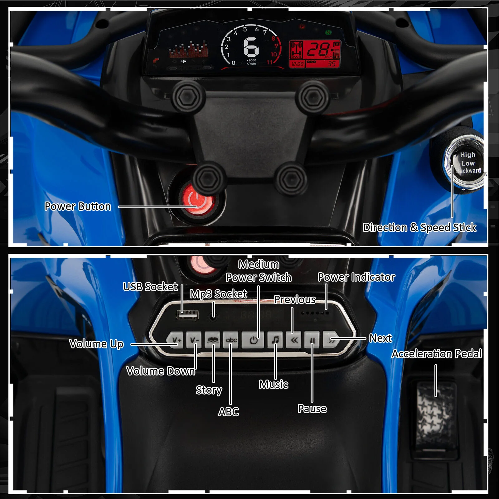 Kids Ride On ATV 4 Wheeler, 12V, MP3, Headlights, Blue - Image 8