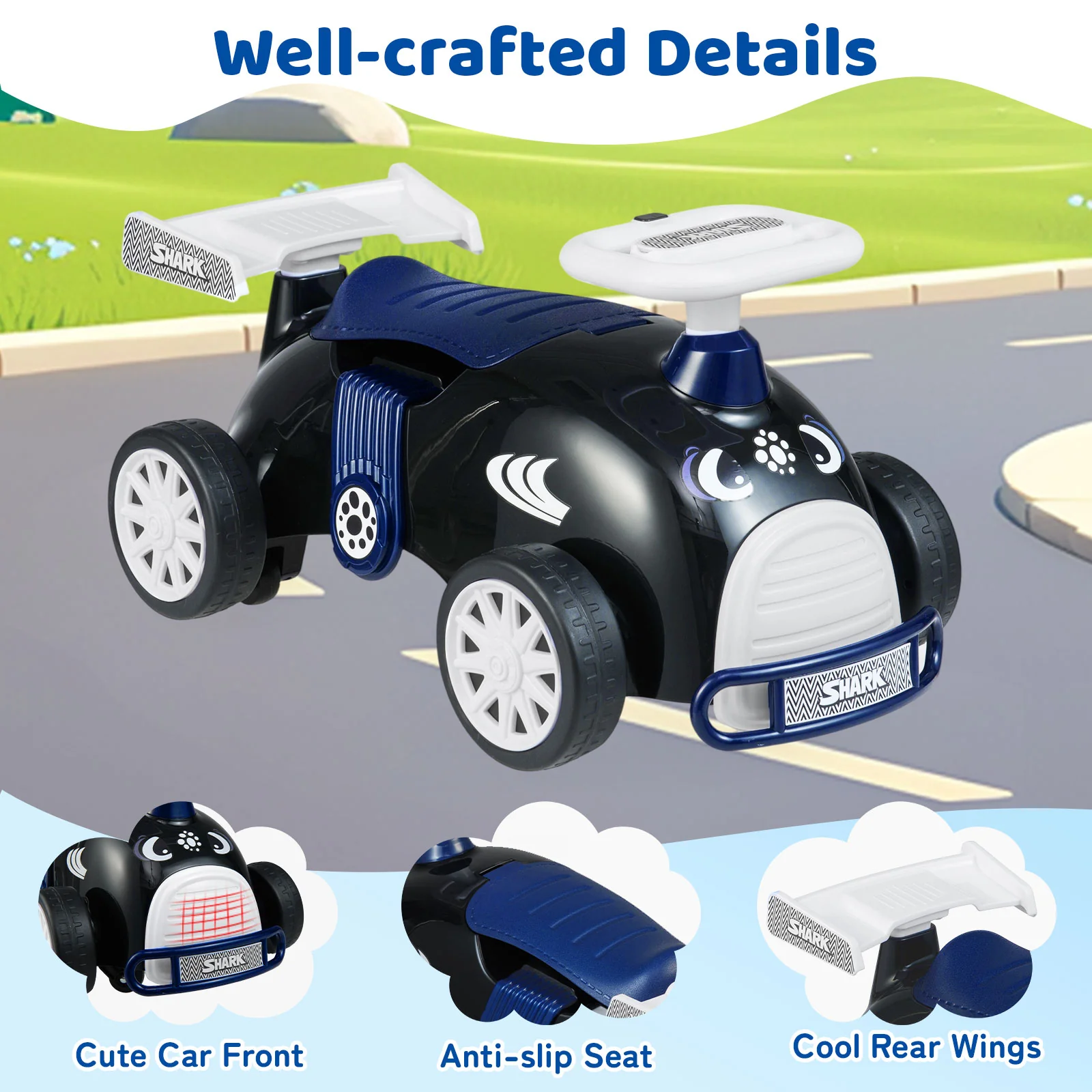 Kids Ride On Car Sliding Toy with Music and Under-Seat Storage, Black & Blue - Image 10