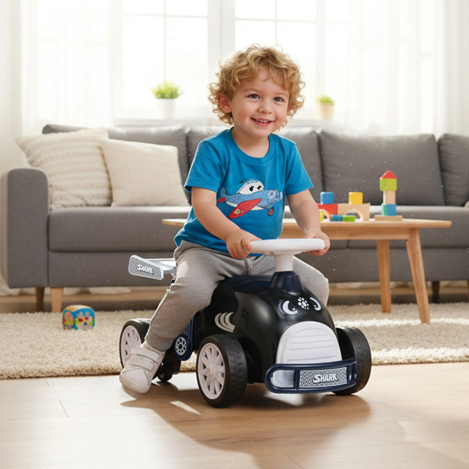 Kids Ride On Car Sliding Toy with Music and Under-Seat Storage, Black & Blue - Image 3