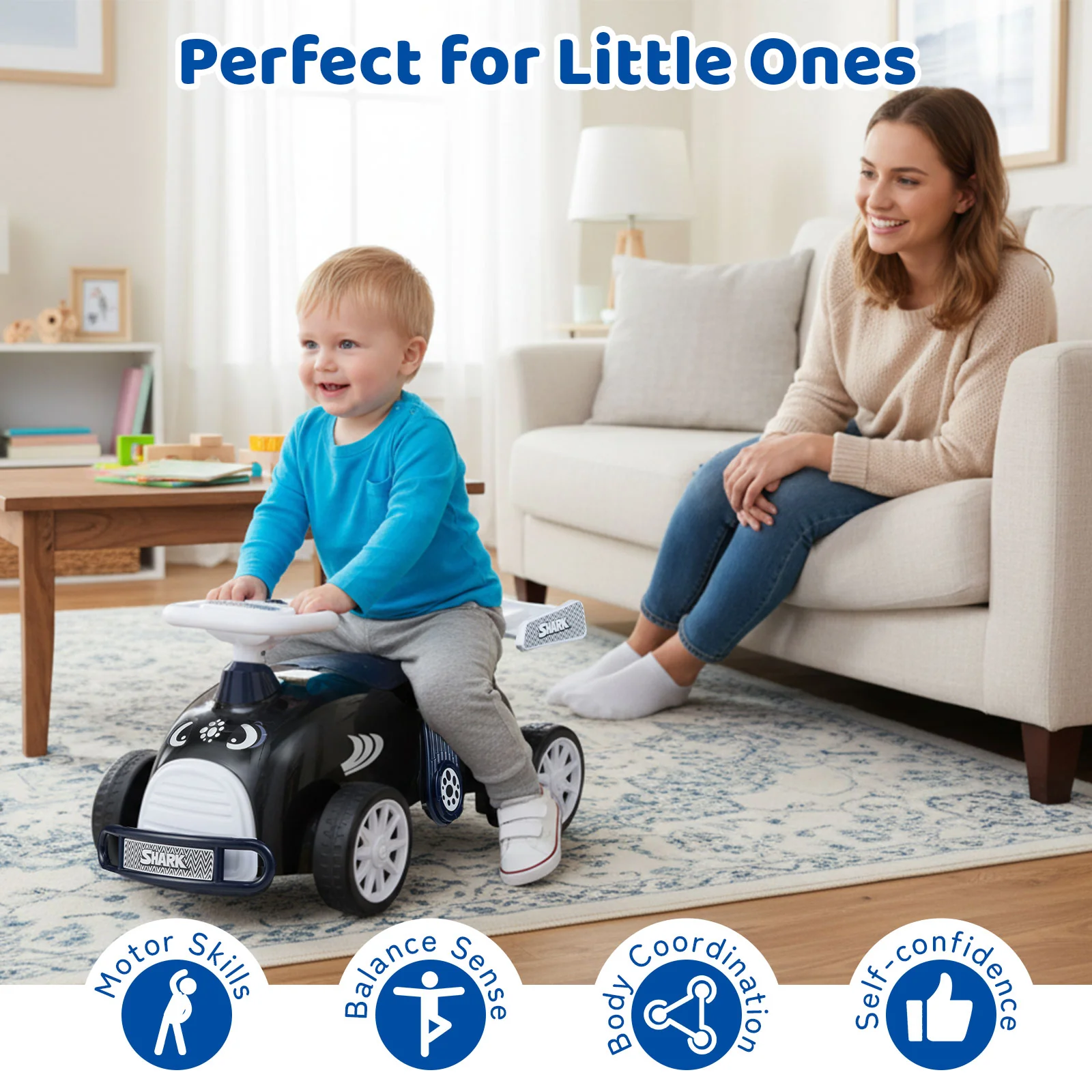 Kids Ride On Car Sliding Toy with Music and Under-Seat Storage, Black & Blue - Image 6