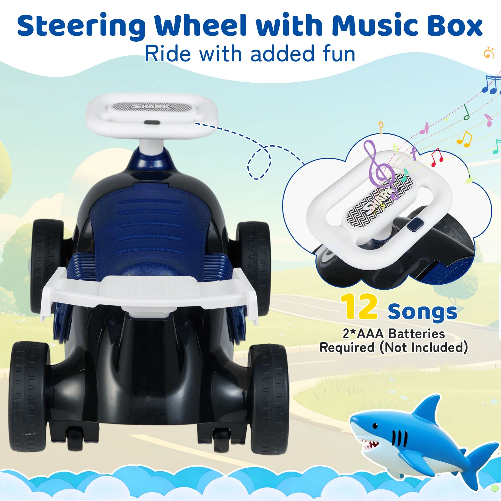 Kids Ride On Car Sliding Toy with Music and Under-Seat Storage, Black & Blue - Image 7