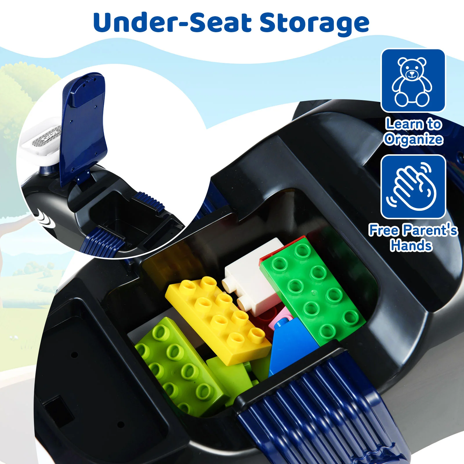 Kids Ride On Car Sliding Toy with Music and Under-Seat Storage, Black & Blue - Image 8