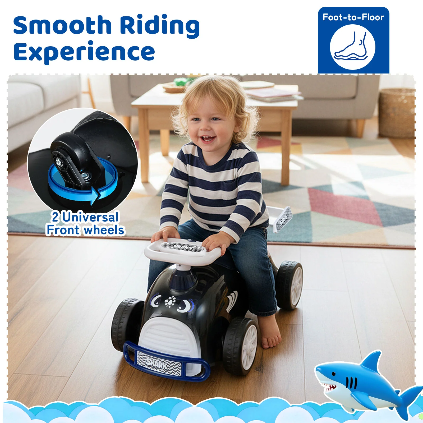 Kids Ride On Car Sliding Toy with Music and Under-Seat Storage, Black & Blue - Image 9