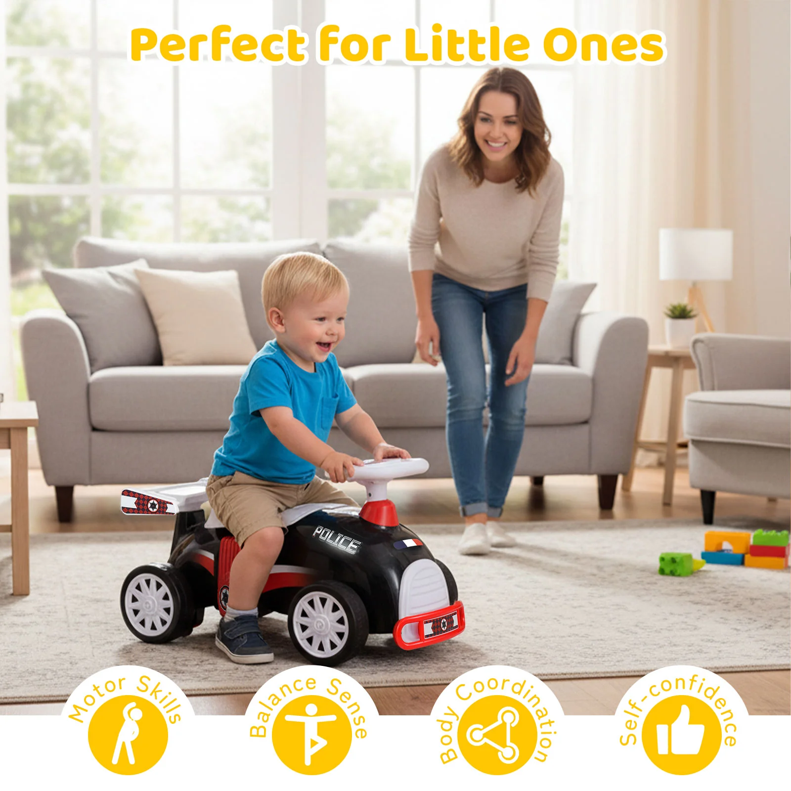 Kids Ride On Car Sliding Toy with Music and Under-Seat Storage, Black & Red - Image 10