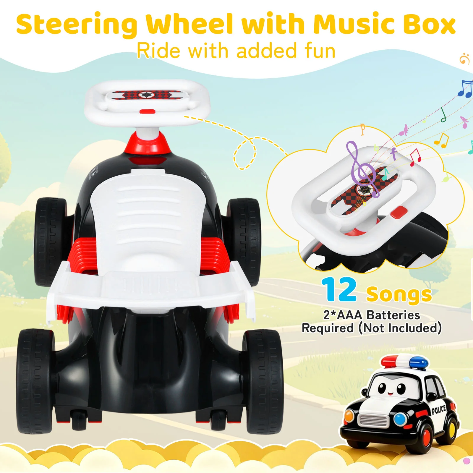 Kids Ride On Car Sliding Toy with Music and Under-Seat Storage, Black & Red - Image 7